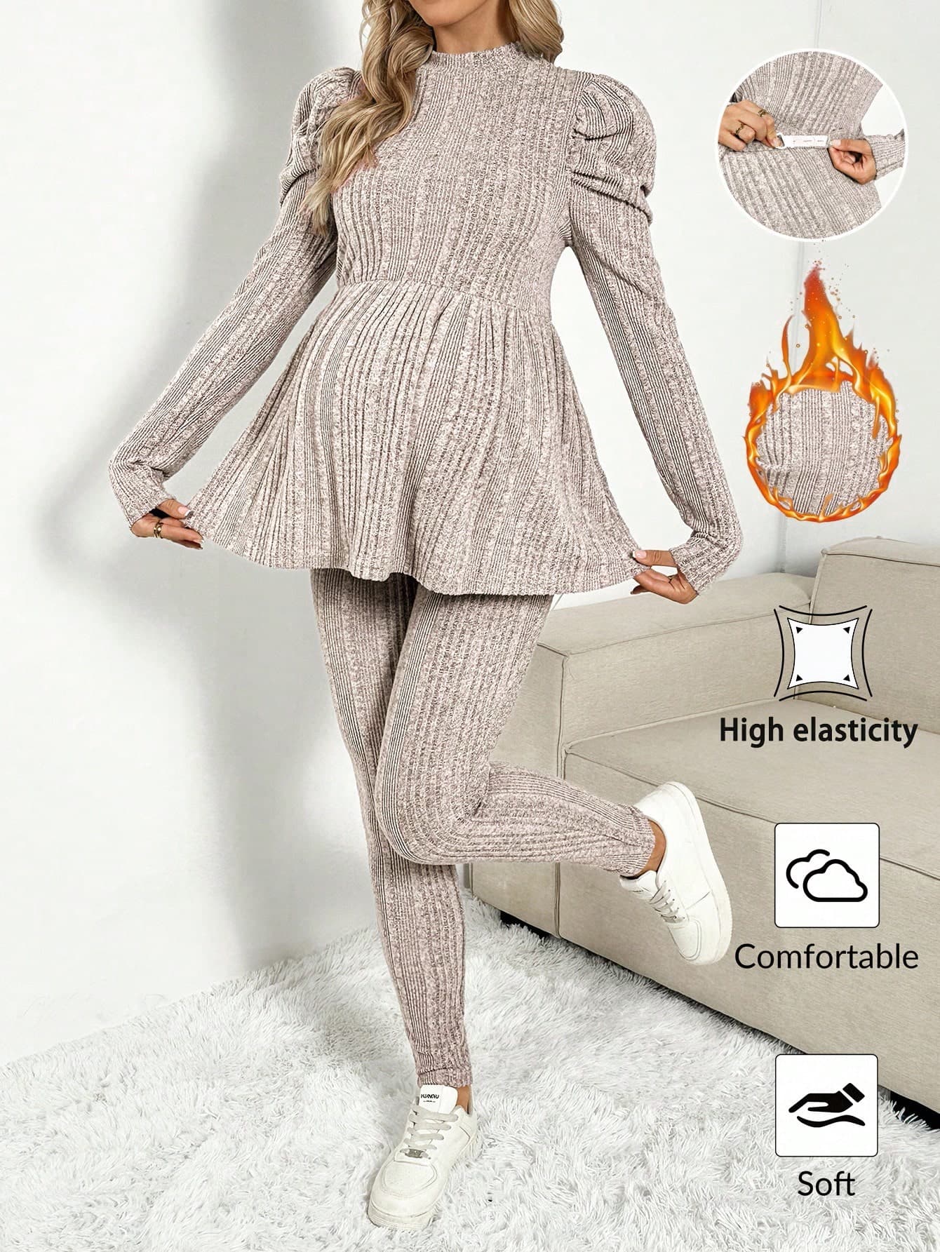 SHEIN 2pcs Maternity Casual Autumn Clothes,Commuter Puff Sleeve Top And Leggings Set,Winter Comfy 2 Pieces Lounge Sets,Woman Sweater Two Pieces Suits