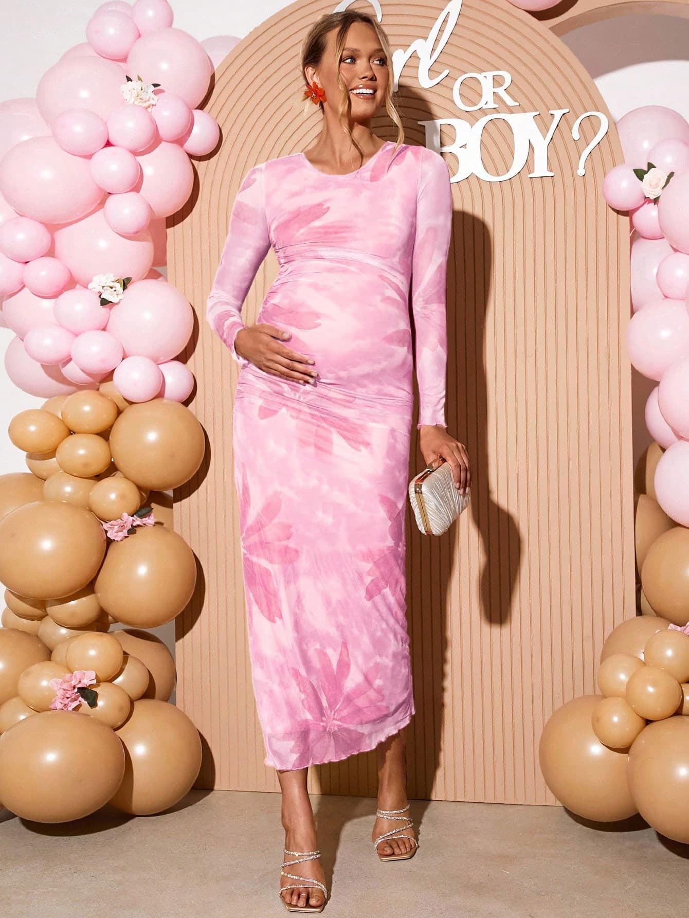Loomaby Elegant Maternity Party Floral Print Ruched Bodycon Dress Babyshower Pink Pregnancy Photoshoot Baby Shower Fall