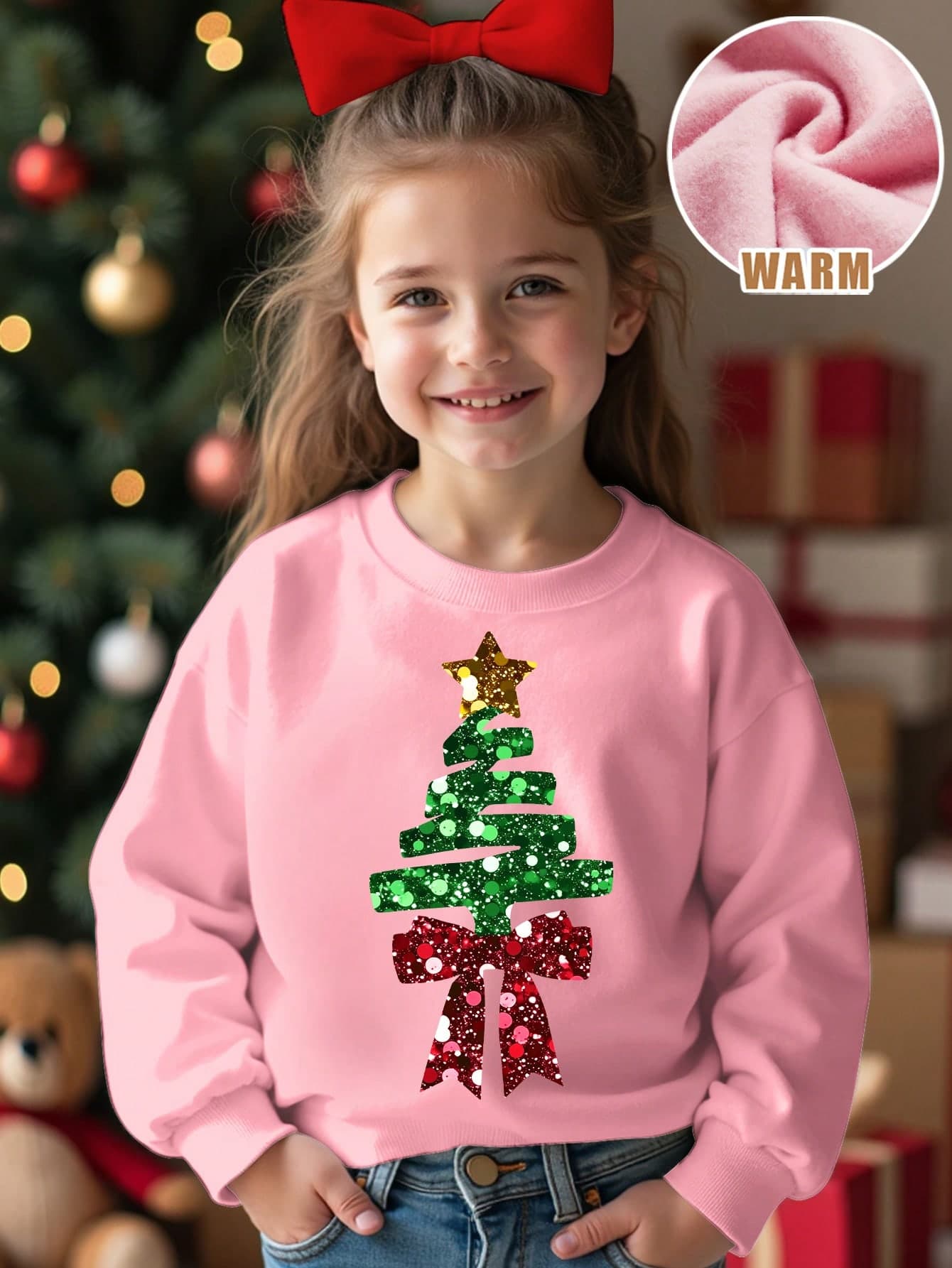 SHEIN Young Girl Cute Pink Sweet Cartoon Christmas Tree,Bow,Star Pattern Autumn Casual Loose Round Neck Thick Knitted Long Sleeve Sweatshirt
