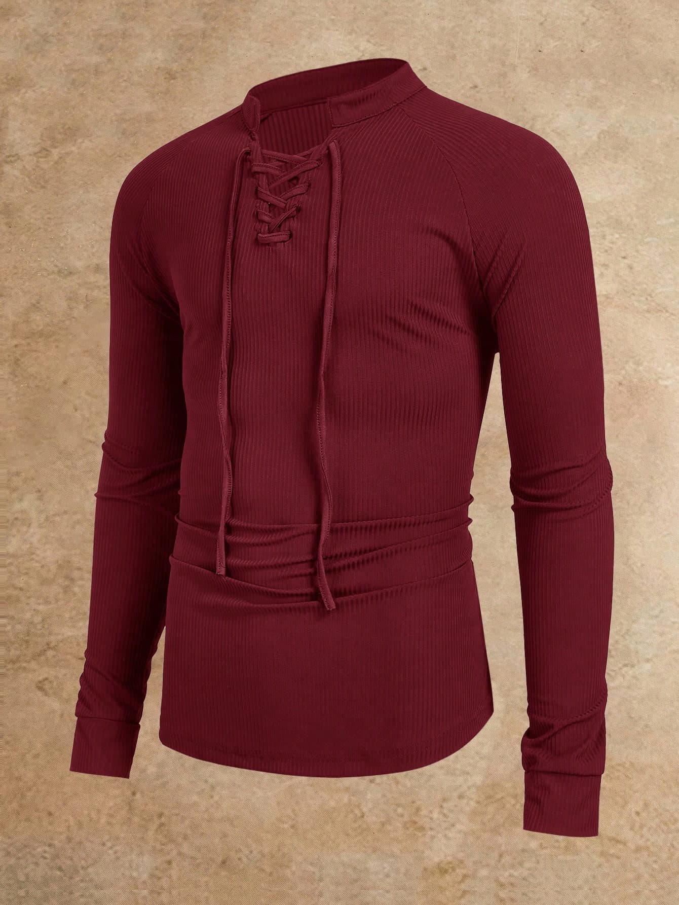Manfinity VCAY Men's Casual Knitted Matt Ribbed Stand Collar Long Sleeve T-Shirt, Summer, Fall