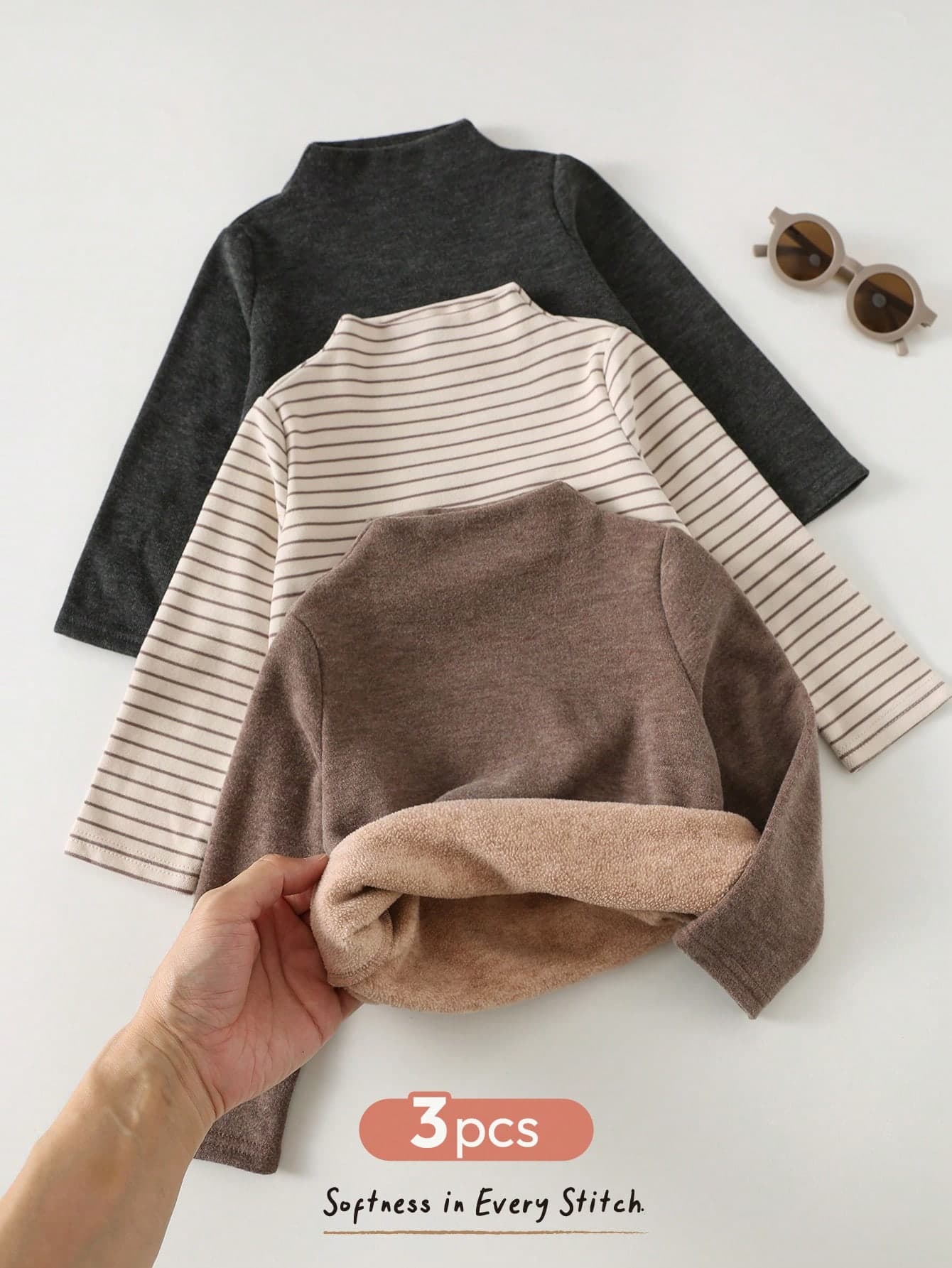 Cozy Pixies 3pcs Baby Boy Colorful Striped & Solid Knit Soft Turtleneck Long Sleeve Pullover Tops Set
