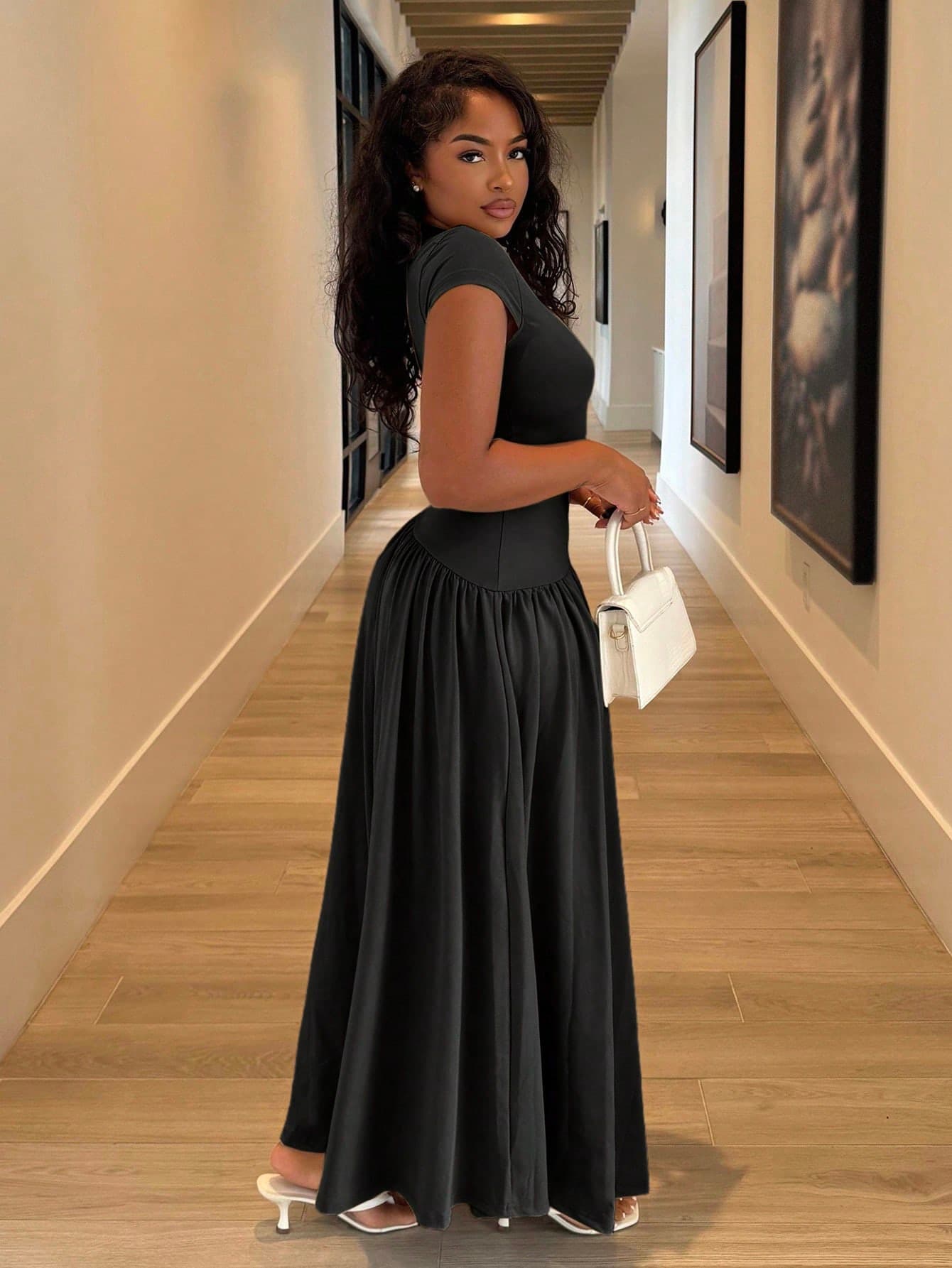 Alexandranx Elegant And Simple Daily Wear Asymmetrical A-Line Midi Dress With Stand Collar And Cinch Waist,Ladies Casual Pleated Sleeveless Stand Collar Slim Fit Long Black Batwing Sleeve Colorblock,Plain A Line Women Long Dresses,Spring/Summer,Casual Daily Wear,Summer Dresses For Women,Tea Party Dress