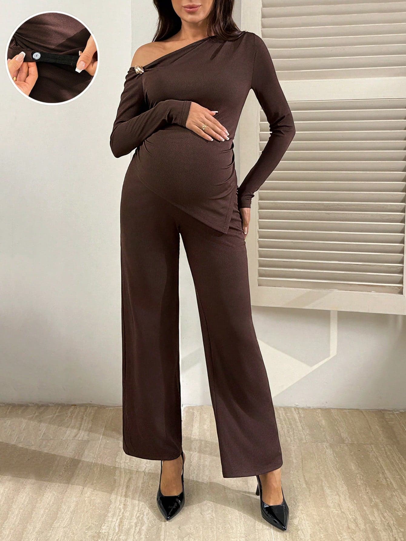 SHEIN 2pcs Maternity Casual Oblique Shoulder Top & Pants Set