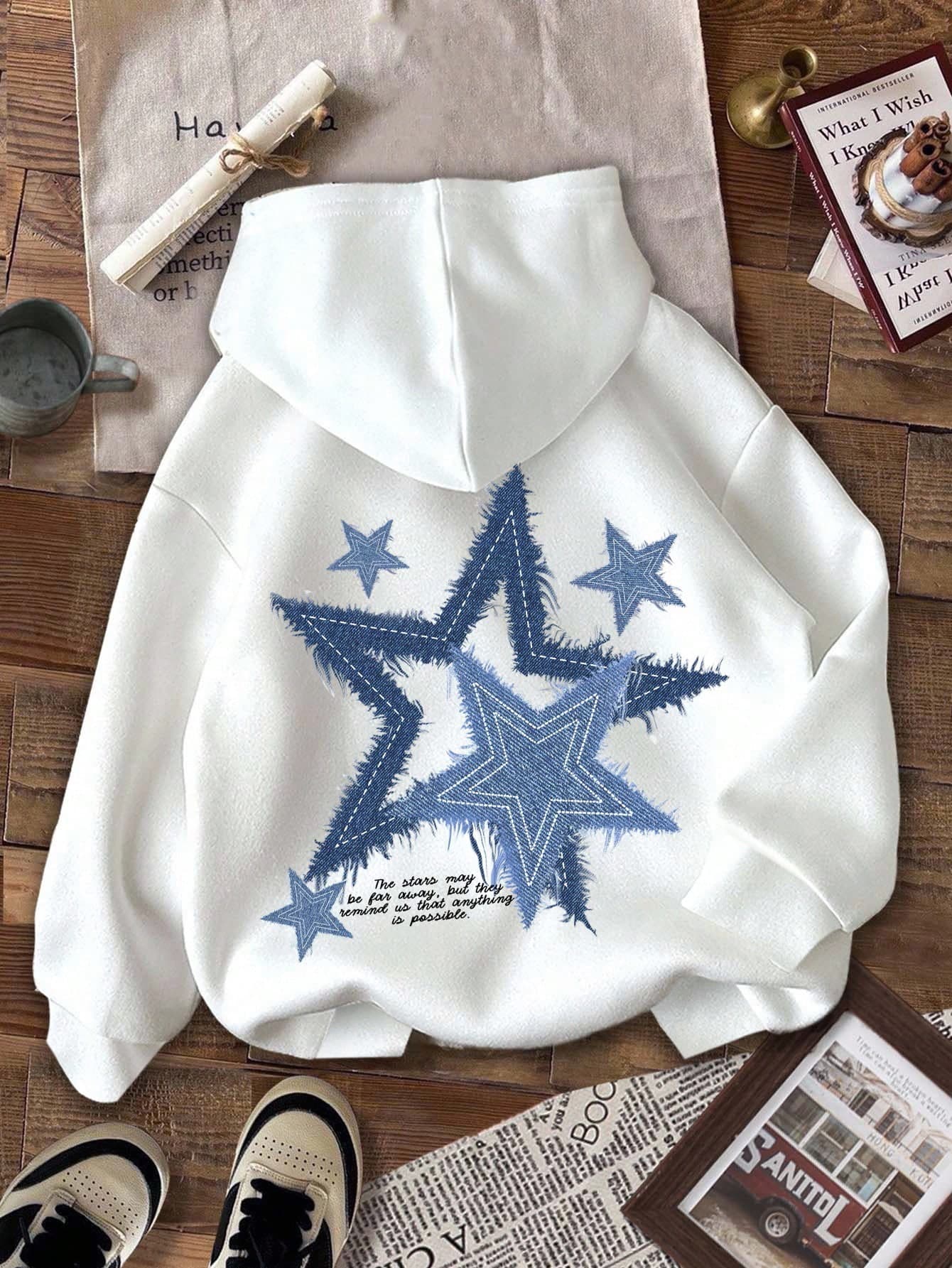 SHEIN Leap Crew Casual Minimalist Personalized Pentagram Pattern Loose Fit Sweatshirt Sweatshirt, Black, Street Style, Punk, Suitable For Autumn/Winter, Teen Girls