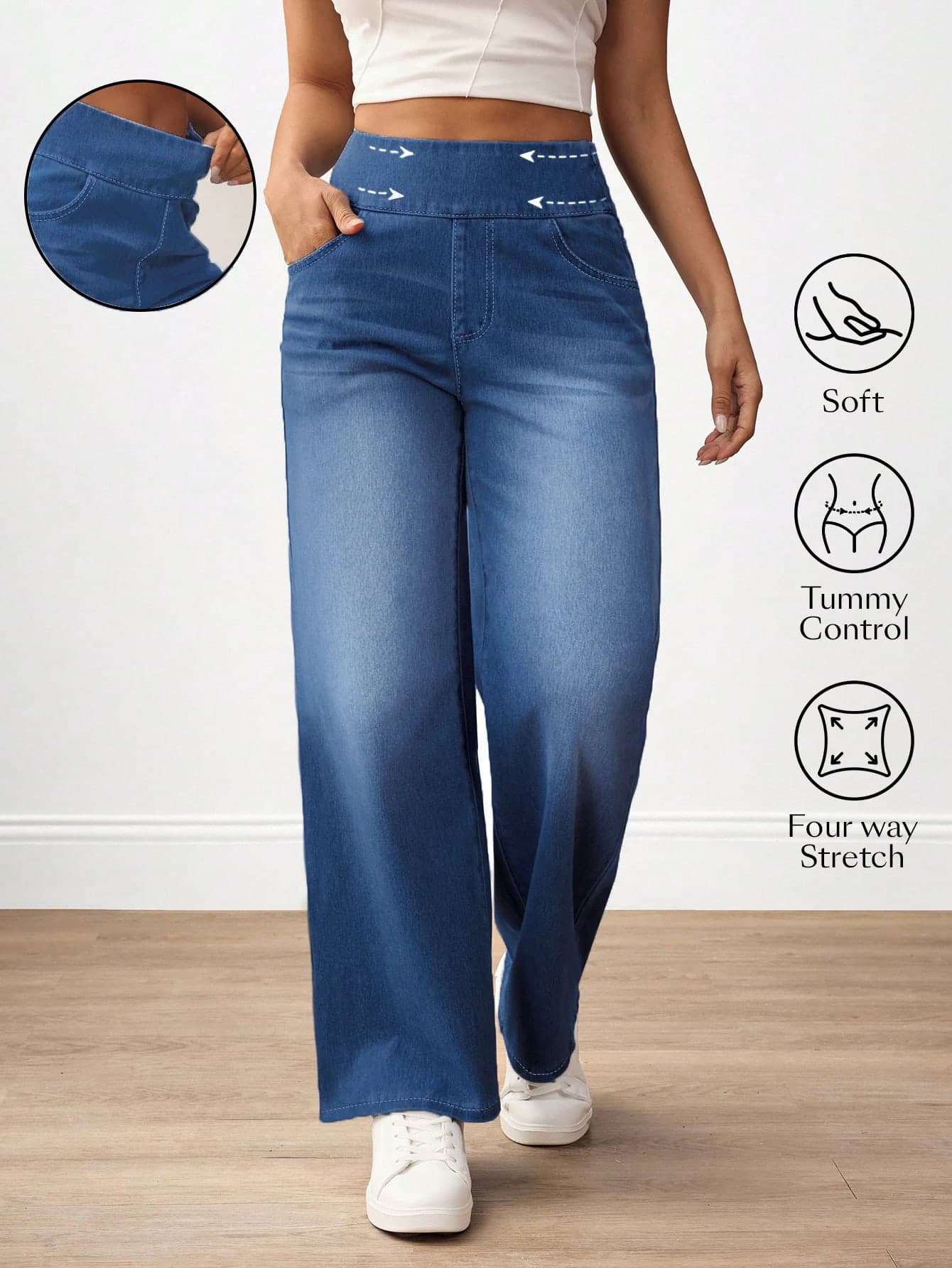 Flexra Plus Size Casual Baggy Washed High Waist Straight Leg Jeans,Tummy Control Wide Leg Dusty Blue Summer Vacation Fall Clothes For Women Holiday