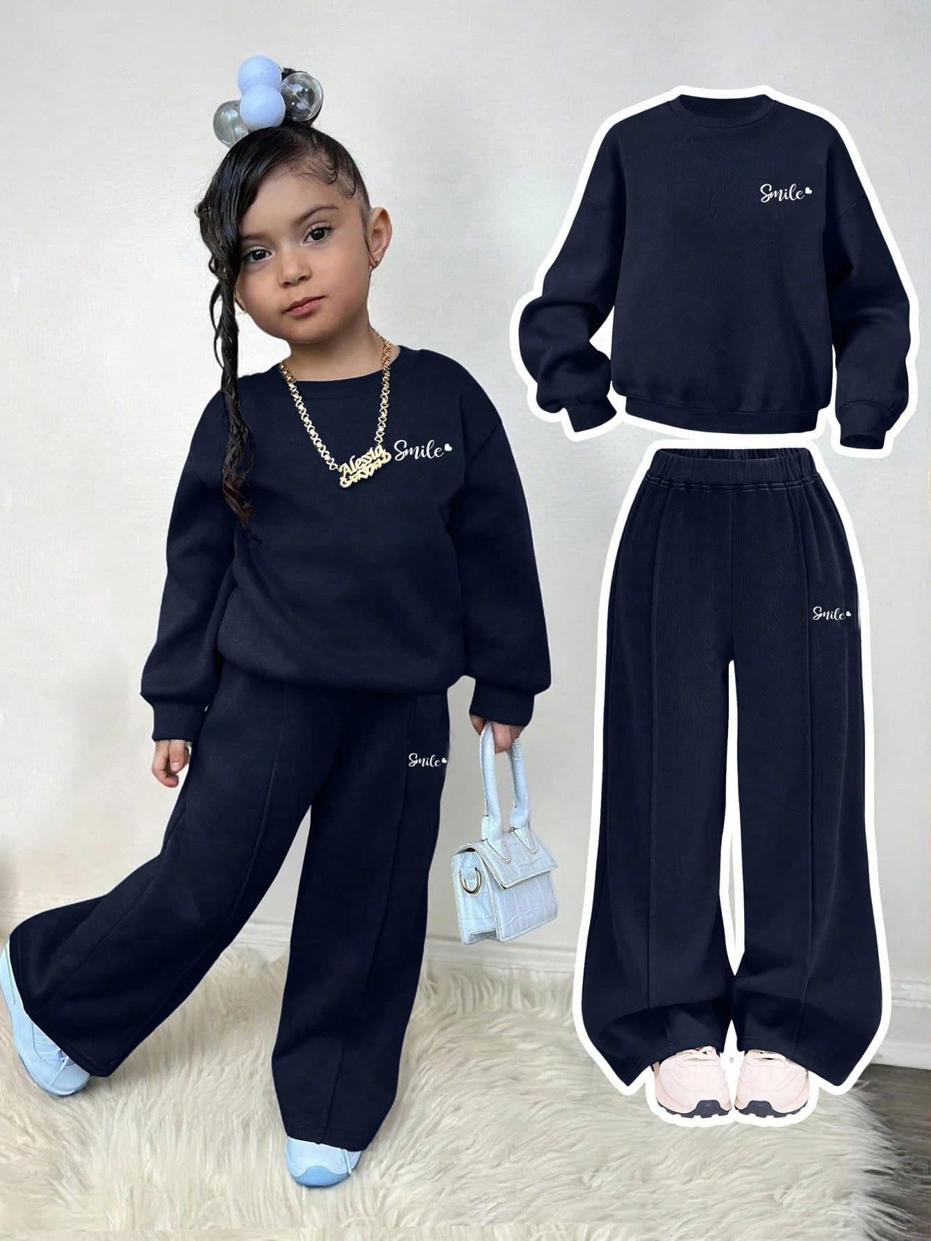 SHEIN Young Girl Heart Print Knit Loose Drop Shoulder Long Sleeve Sweatshirt And Wide Leg Sweatpants Set
