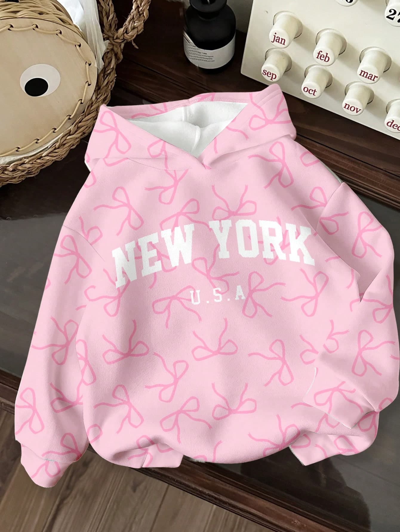 SHEIN Leap Crew Teen Girl New York,USA Vintage Pink Bow Print Sweatshirt,Y2k Ballerina Style,Back-To-School,Autumn Casual Long Sleeve Loose Thick Holiday Winter Top