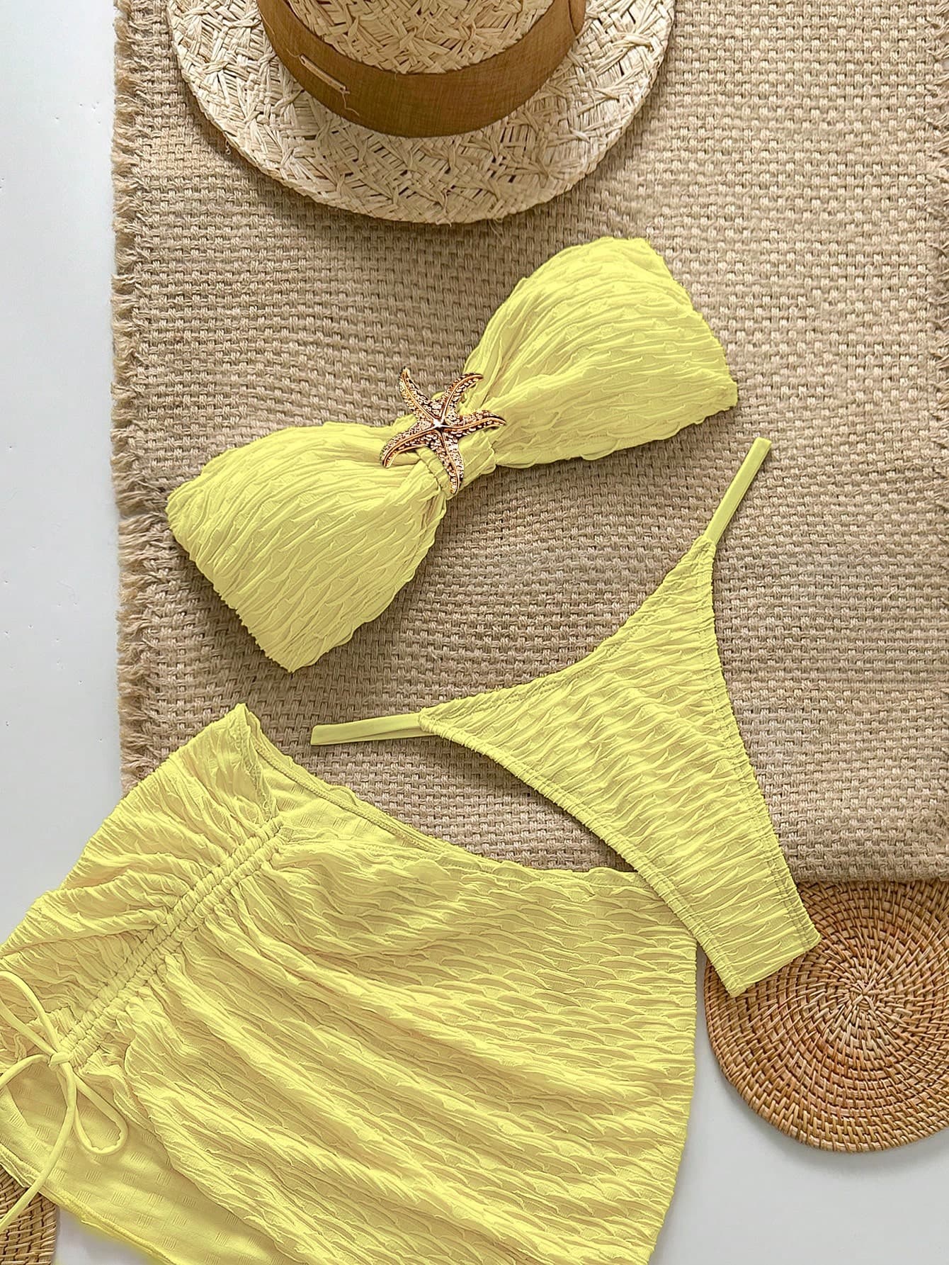 Swim Chiccia 3pcs Textured Strapless Bikini Top, Triangle Bottoms And Mini Skirt Sexy Swimwear Set