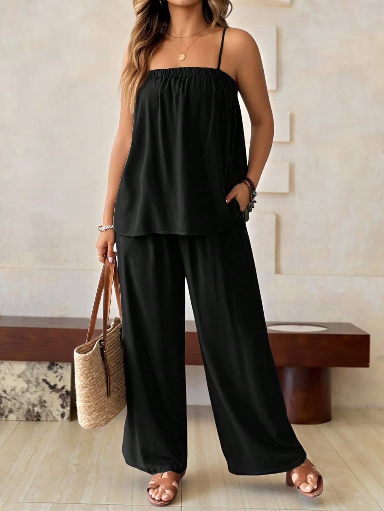 Roveilla Plus Size Women's Linen-Bamboo French Style Casual Jumpsuit, Loose Fit Vacation Beach One-Piece With Waist Belt, For Spring/Summer