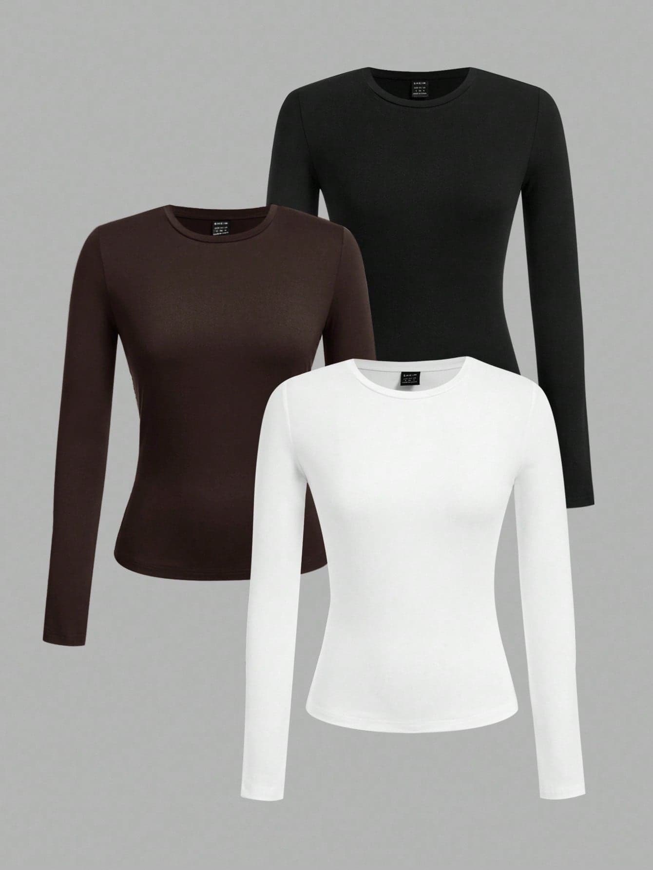 SHEIN EZwear Plus Size Women's Solid Color Round Neck Long Sleeve Fitted Casual Versatile T-Shirt/Fall/Winter