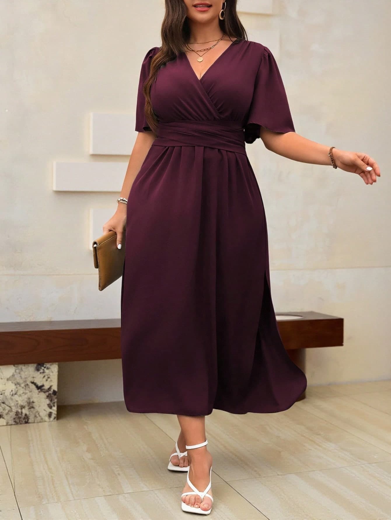 Roveilla Plus Solid Wrap Flounce Sleeve Dress Maxi Women Outfit
