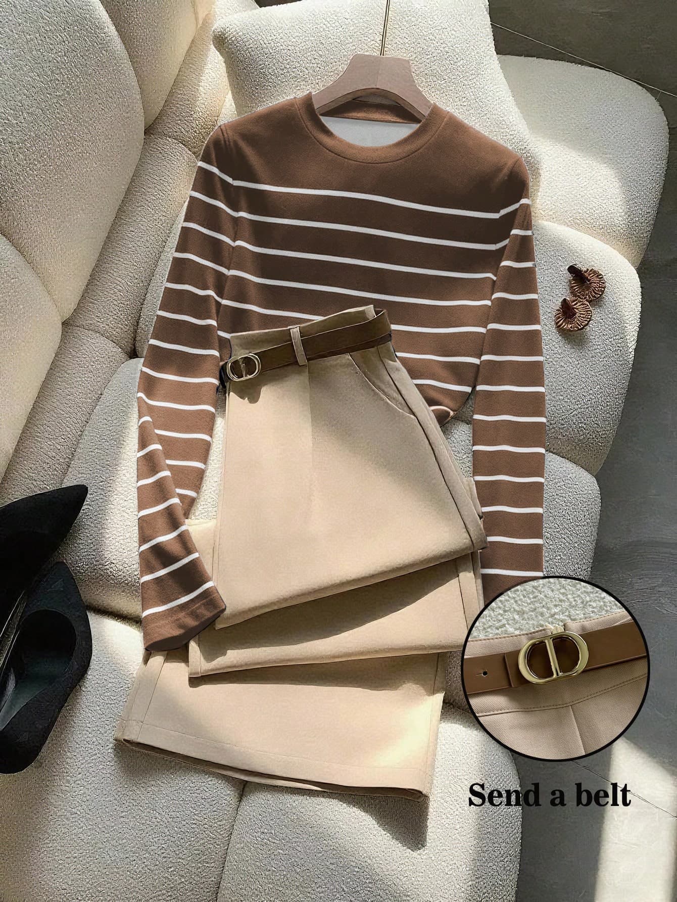 GlowEve 2pcs Commuter Elegant Striped Long Sleeve T-Shirt And Pants With Pockets And Belt Set For Women