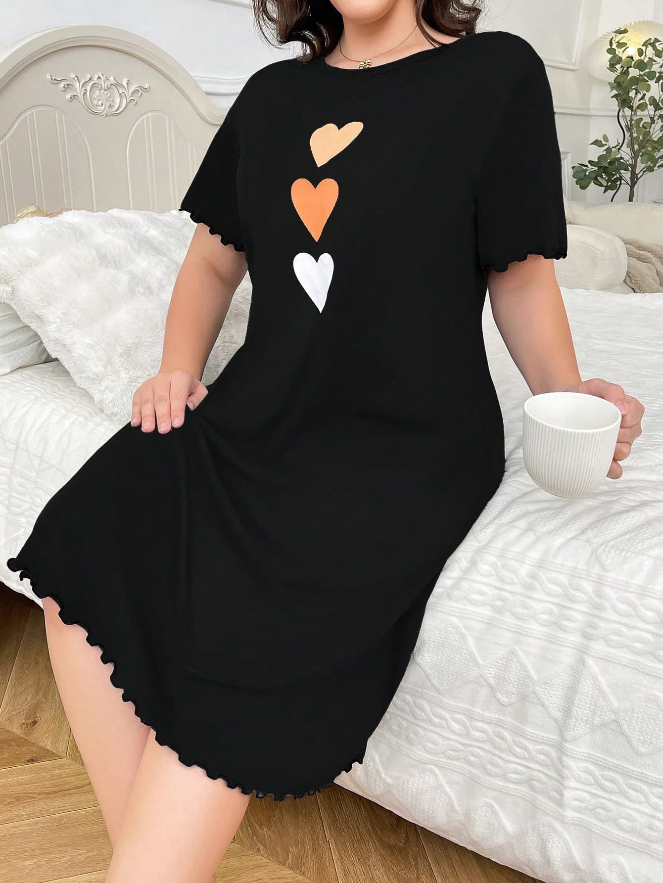 Heart Printed Casual Plus Size T-Shirt Nightgown, Moo Moo Sleep Dress