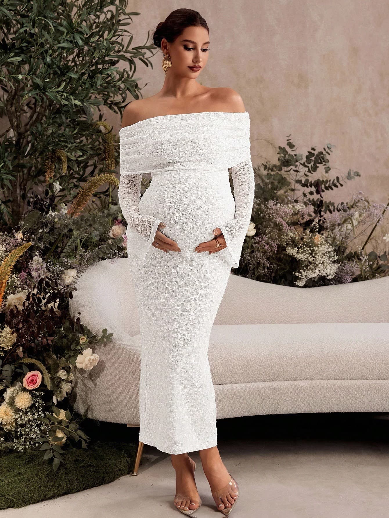 MaterniChic Elegant Maternity Fold-Over Off-Shoulder Flare Sleeve Dress, Autumn Fall