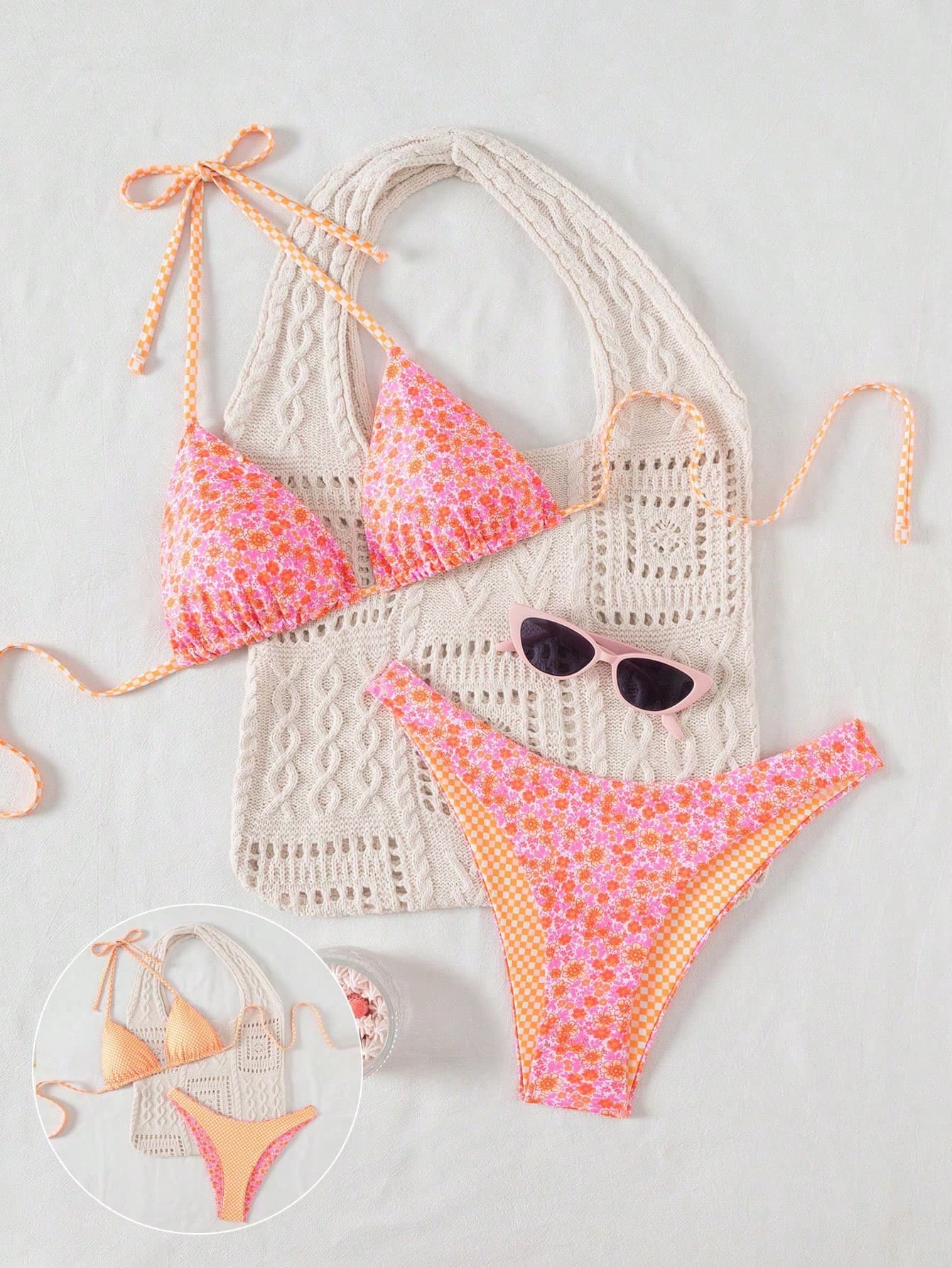Swim Mod Springbreak Women's Cute Pink Orange Printed Reversible Triangle Bikini Swimwear Set,Adjustable 2 Pieces Beach Vacation Summer Boho Tropical Holiday