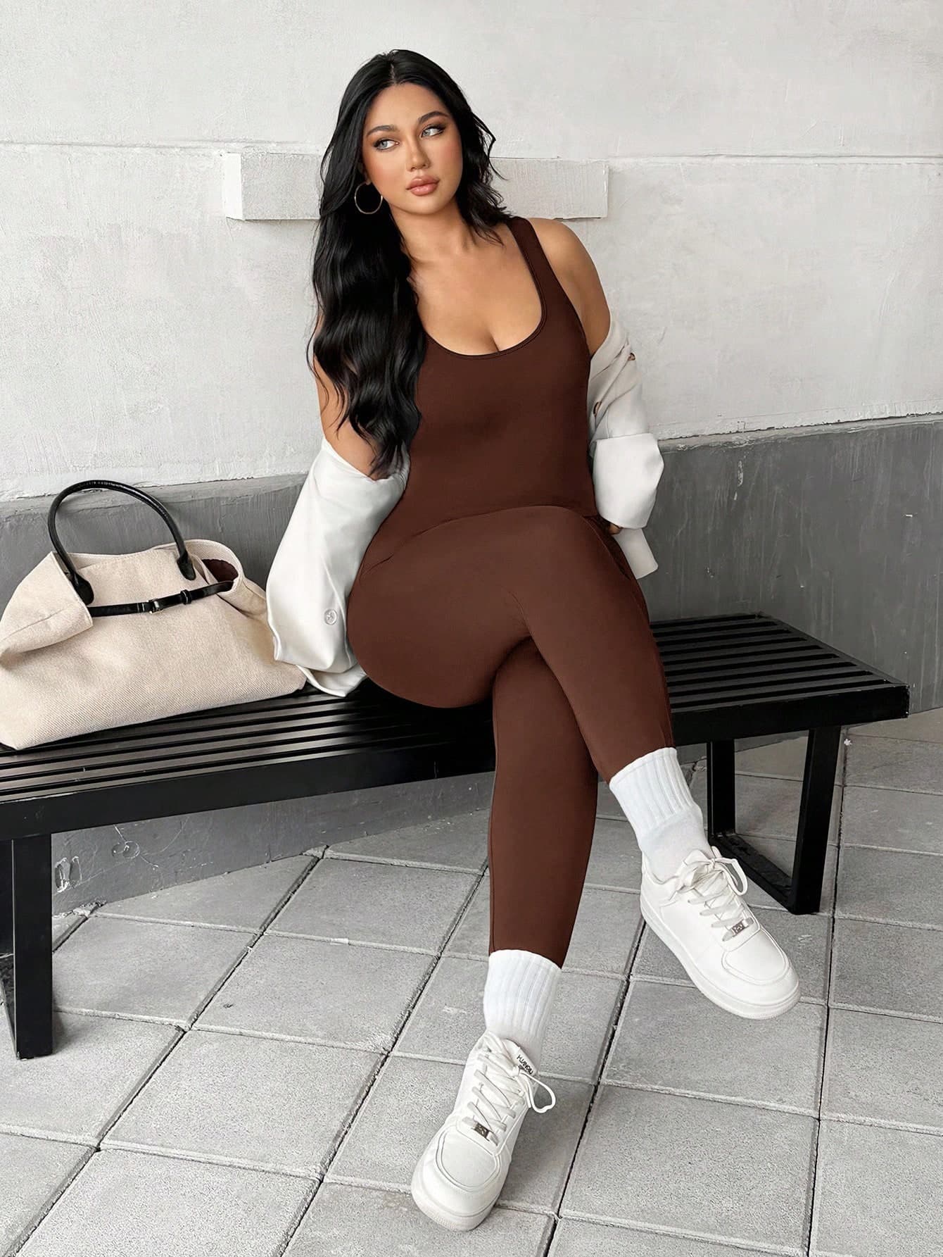 Auralis Plus Size Women's Chocolate Brown Fitness Yoga Bodysuit,Summer Casual Curve Loungewear Jumpsuit,High Bounce Gym Wear,Cycling Athleisure Sports Wear