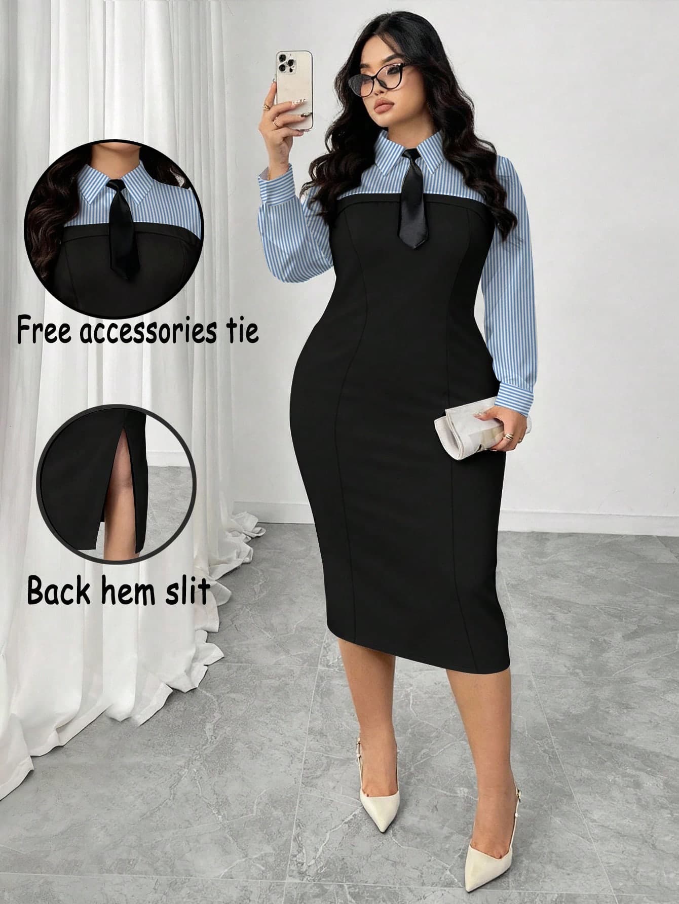 SHEIN Elenzya Plus-Size Elegant Black And White Dress,Autumn Graduation Back-To-School Office Business Midi Dress,Long Sleeve Striped Panel Shirt Collar Outfit Fall