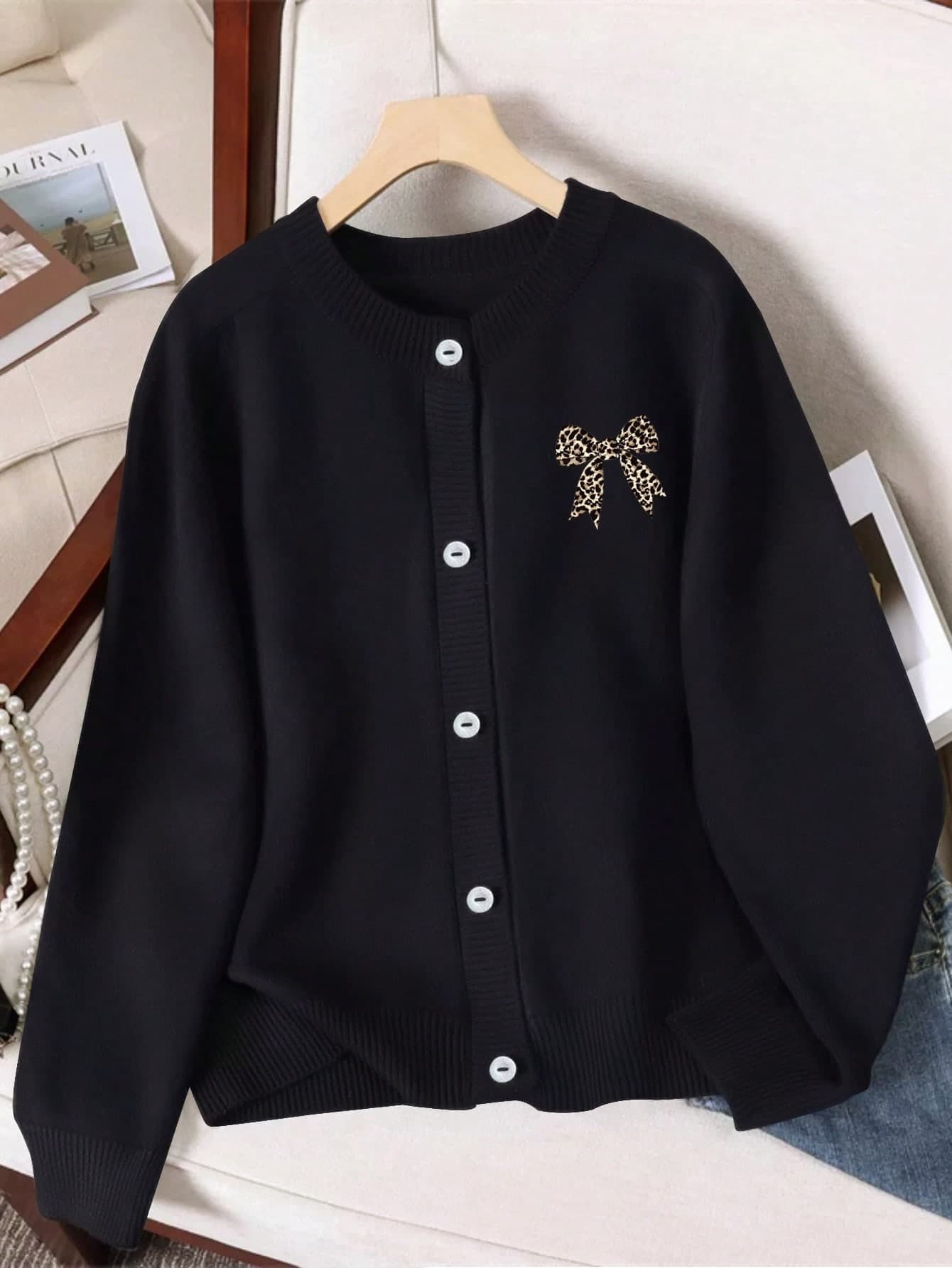 Resyla Women's Autumn/Winter New Arrival Bestselling Leopard Print Bow Graphic Round Neck Cardigan, Plus Size