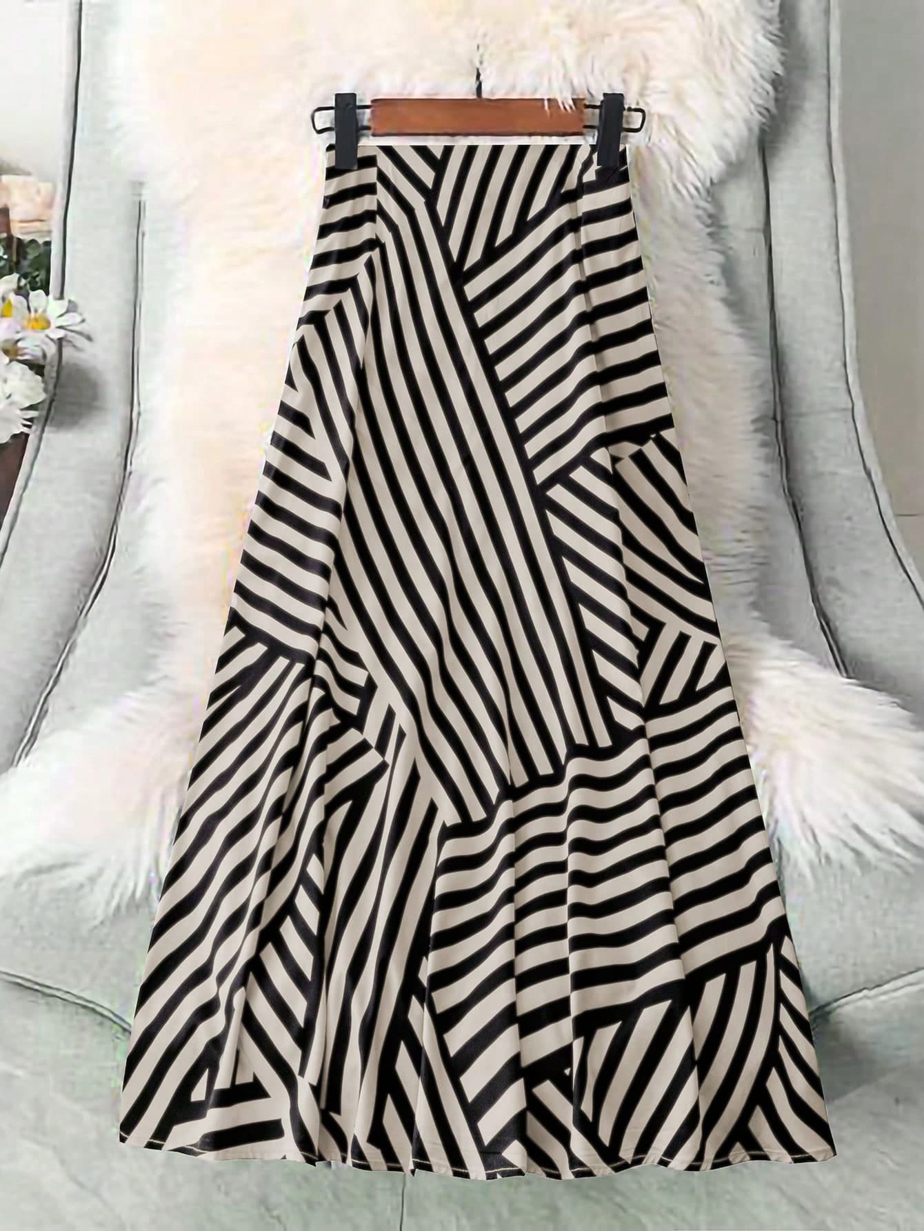 SHEIN LUNE Women's Spring/Summer Black & Beige Striped Patchwork Print Comfortable Loose A-Line Versatile Slimming Long Skirt Fall Cloth For Women