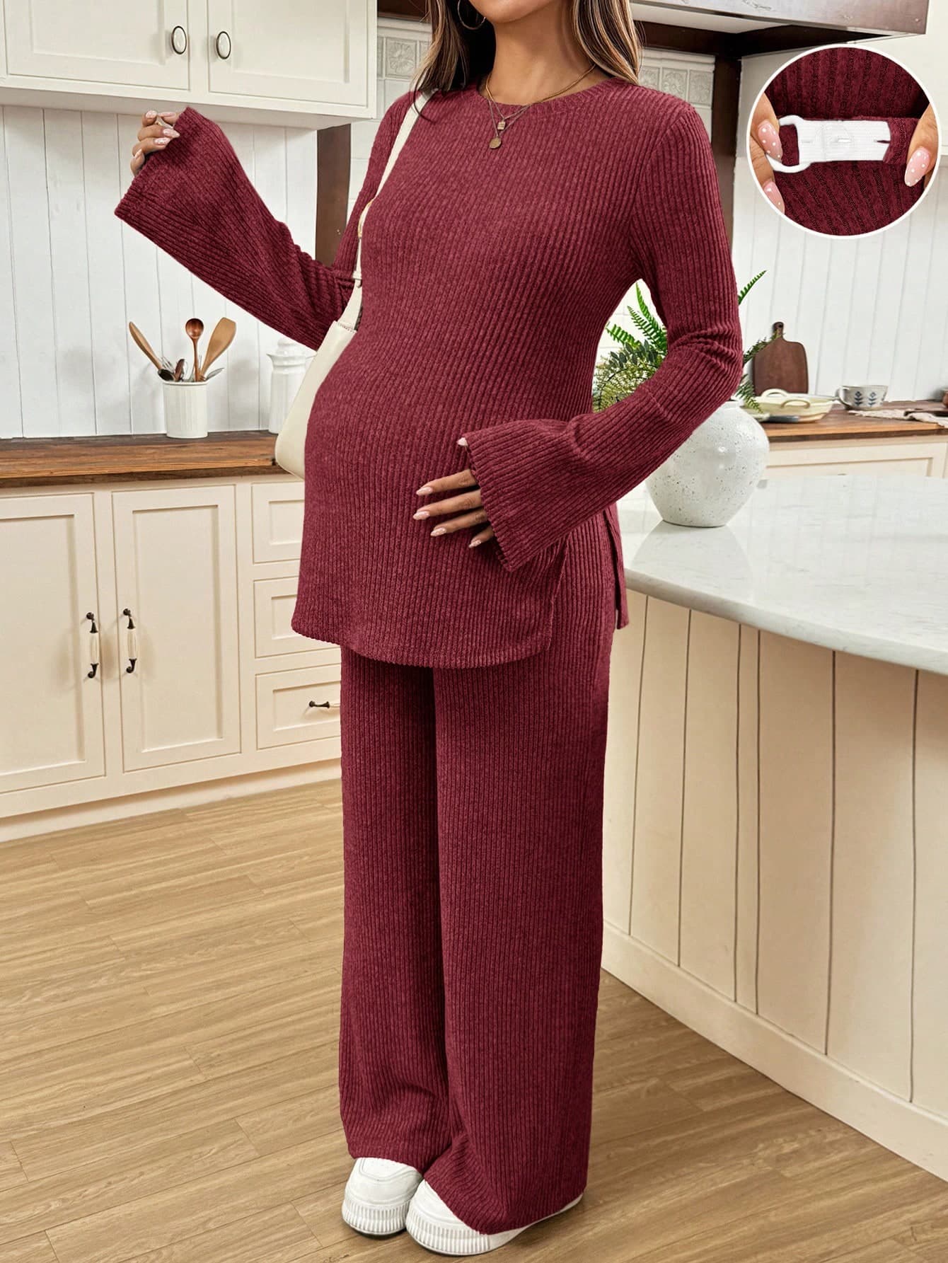 SHEIN 2pcs Maternity Solid Color Split Long Sleeve Top And Pants Casual Set
