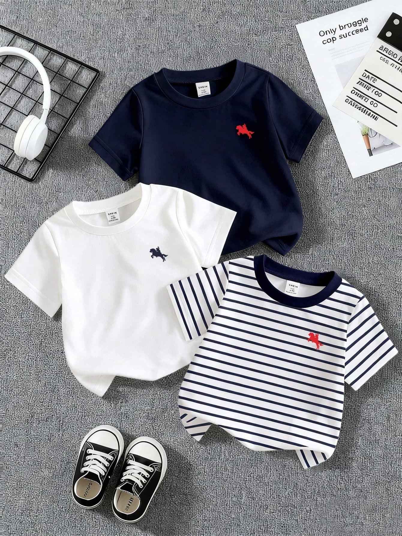 SHEIN Baby Boy 3-Piece 6M-3T Newborn Unisex Summer White Casual Carrer Day Back-To-School KHorse Icon Solid Navy & Striped Knit Crew Neck T-Shirt Tops