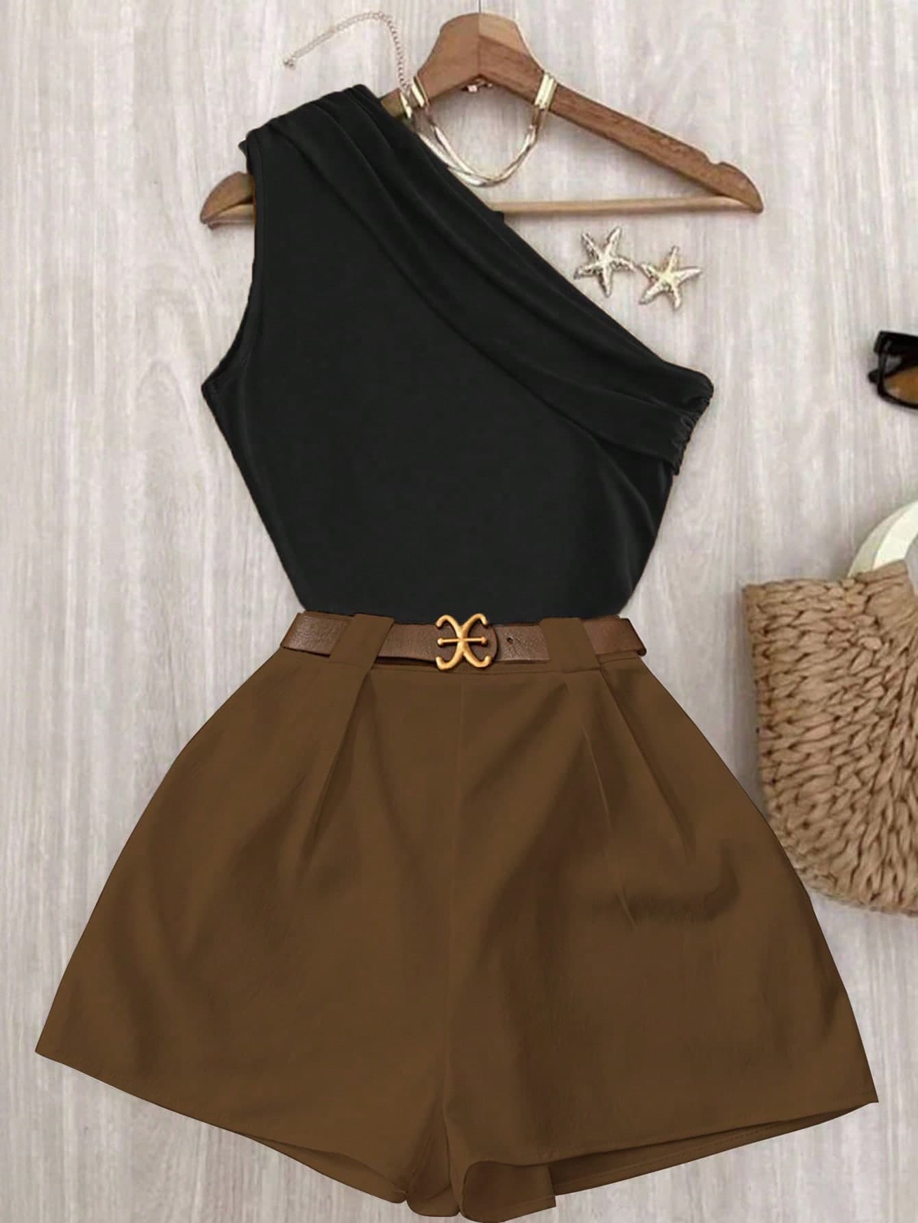 EMERY ROSE Casual Chic Commuting High Elasticity Solid Brown Pleated Shoulder Top And White Elastic Waist Pants Set
