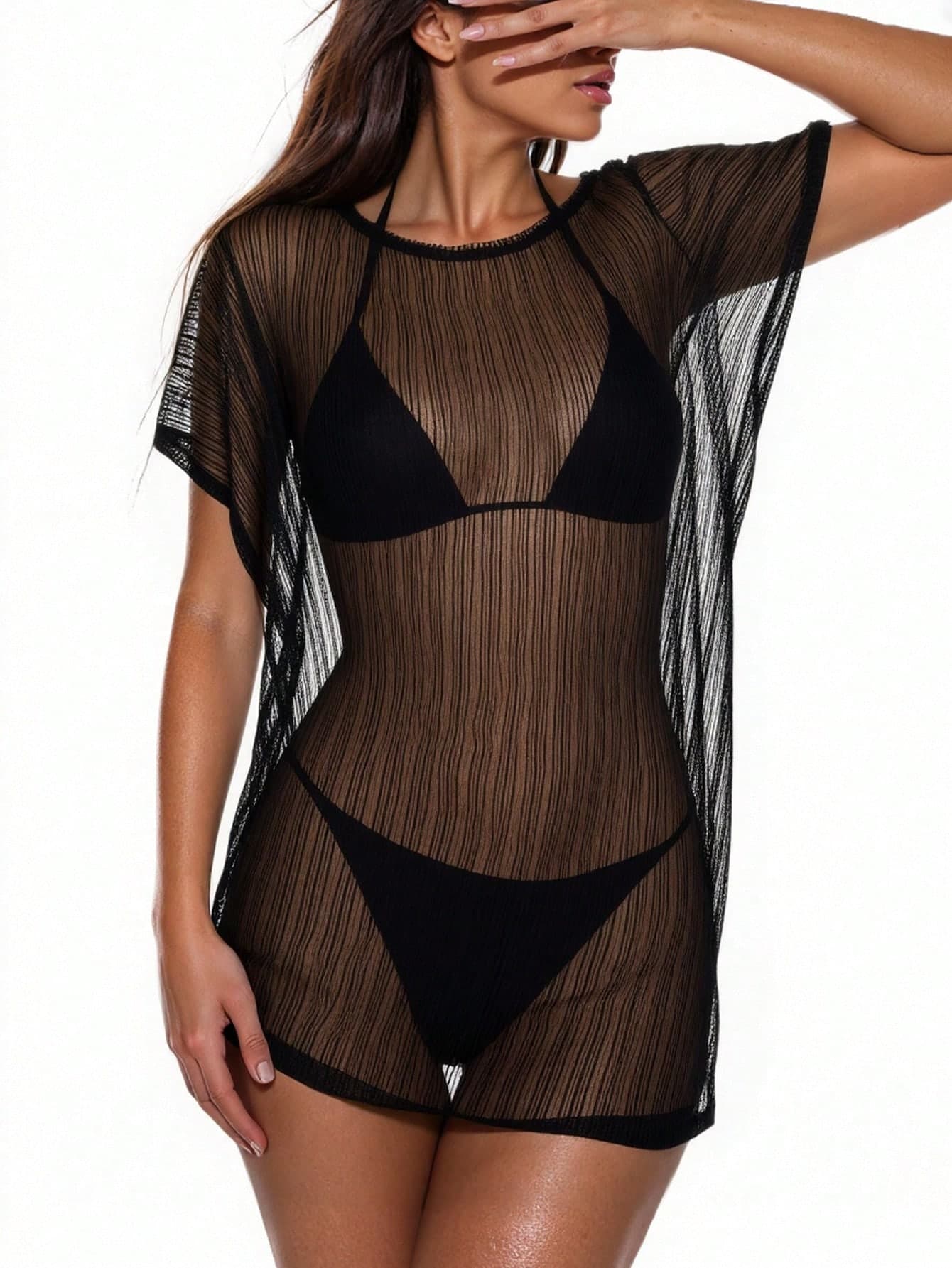 Swim Vcay Summer Beach Sheer Mesh Short Sleeve Cover Up/Shawl