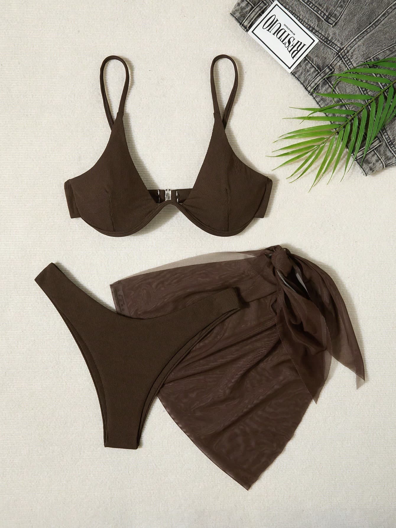 Swim Basics 3pcs Set Solid Color Rhinestone Decor Bikini For Beach/Resort For Summer Beach Vacation