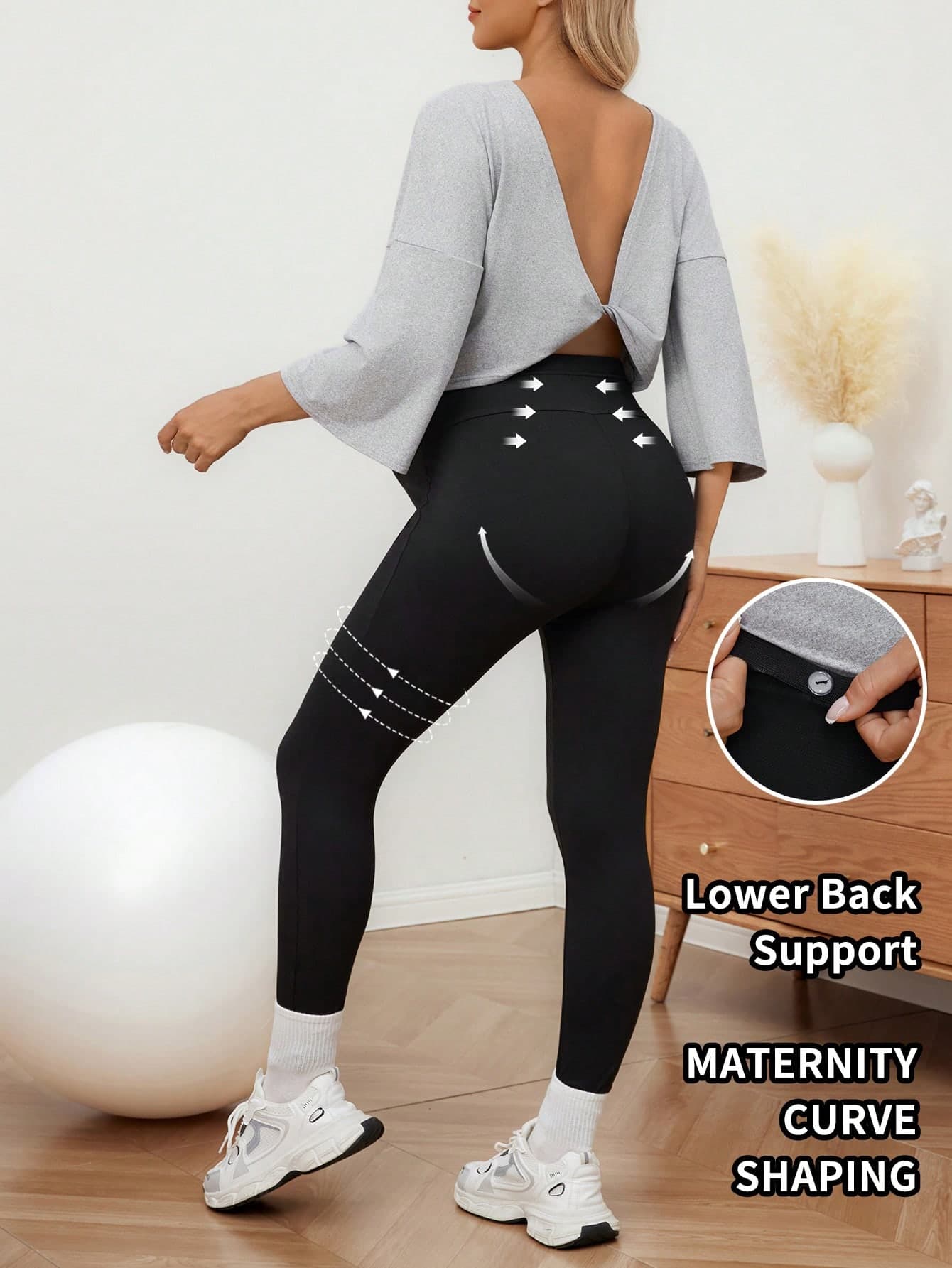 SHEIN Maternity Solid Color Round Neck Long Sleeve Twist Back T-Shirt And Adjustable Waist Leggings Sports Suit