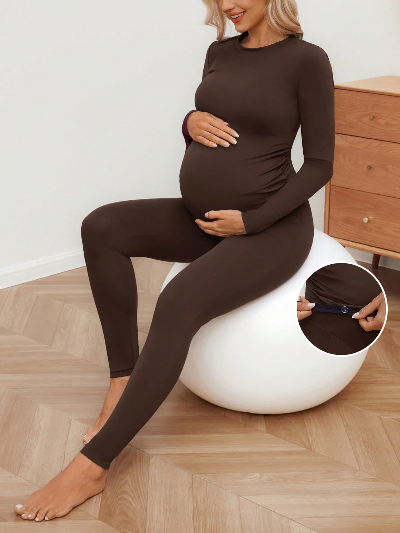 SHEIN Maternity Casual Solid Color Fitted Long Sleeve Top And Pants Sportswear Set, Autumn