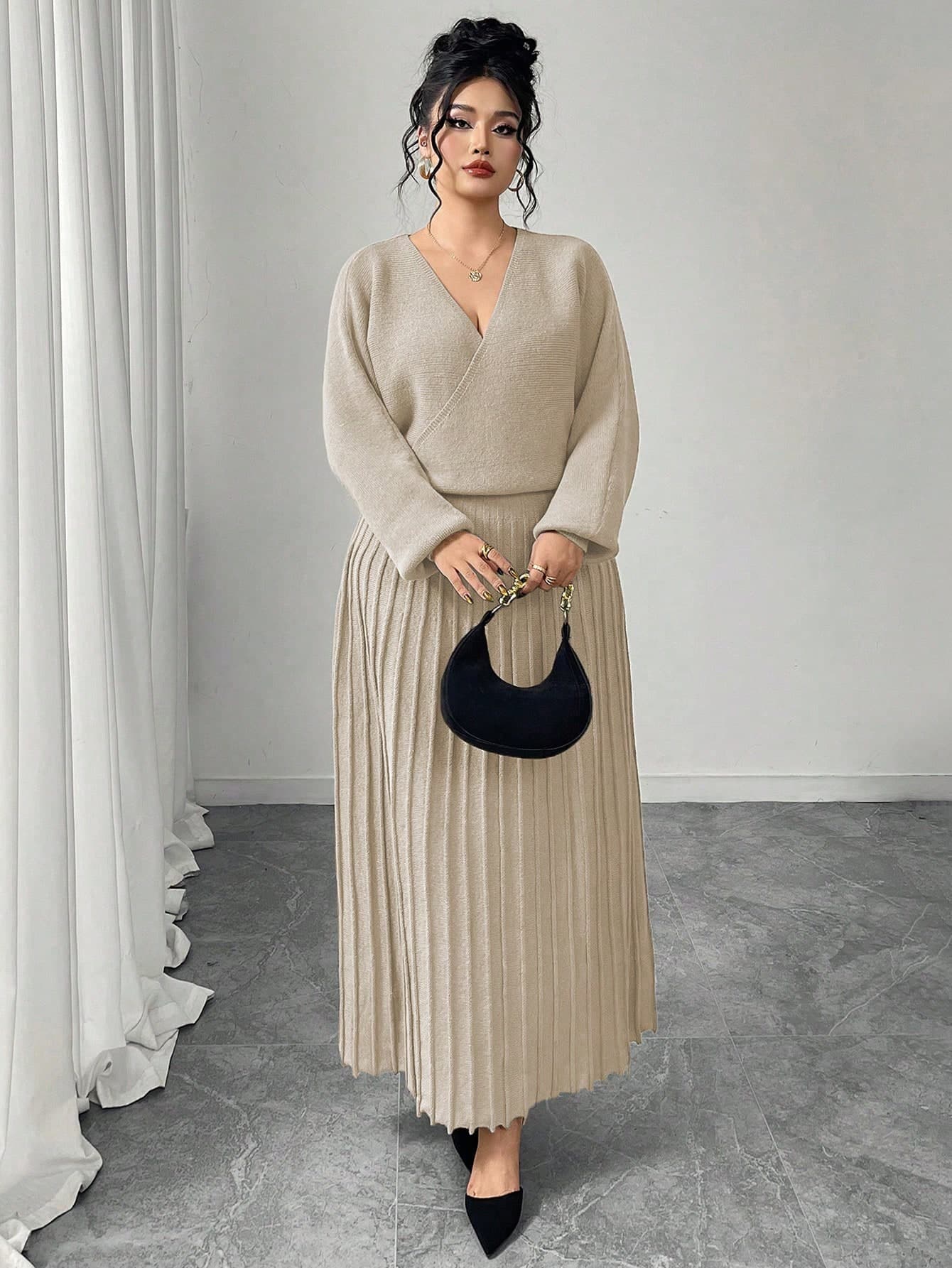 Modelyn Plus Size Solid Color Wrap Knit Dress, Casual For Autumn/Winter