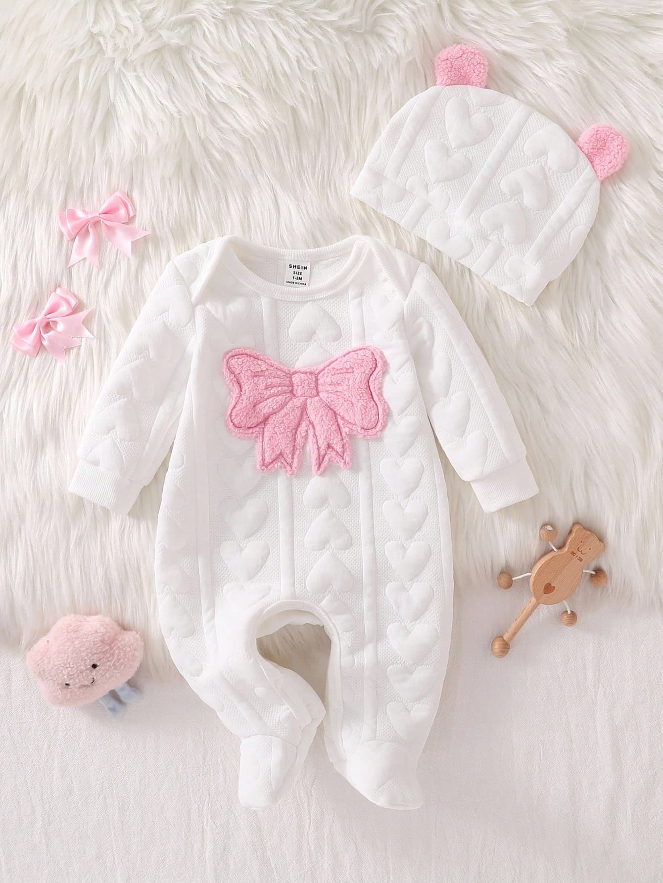 Souflis Souflis 2pcs Newborn Baby Girl White Winter Cute Family Matching Home Bear Print Long Sleeve Romper And Hat Set,Cozy Knitted Outfits Fashionable Homewear