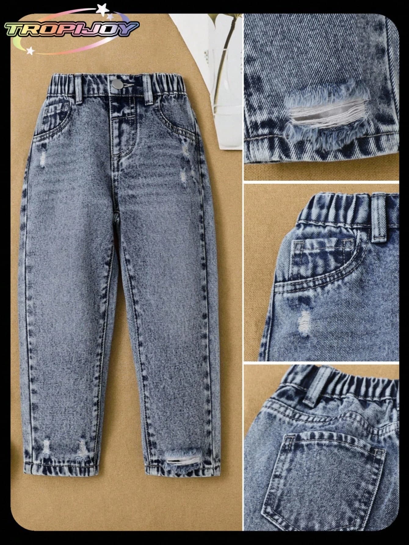 SHEIN Young Girls' Blue Back-To-School Washed Tapered Denim Jeans,Street Style Casual All-Match Ripped Acid Wash Cotton Pants,2025 New Collection Daily Wear