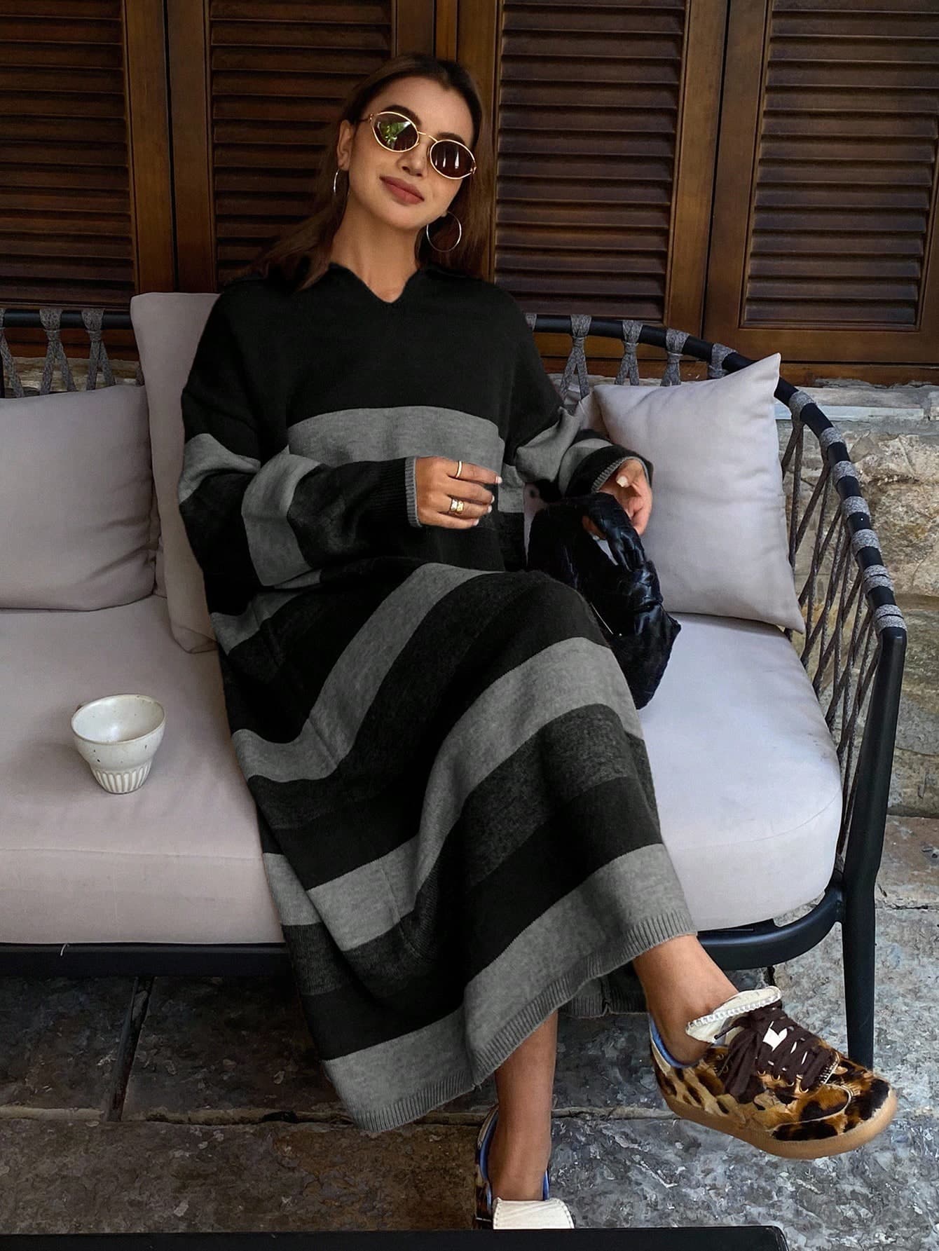 DAZY Women's Turndown Collar Loose Striped Sweater Dress, Casual Long Knitted Dress