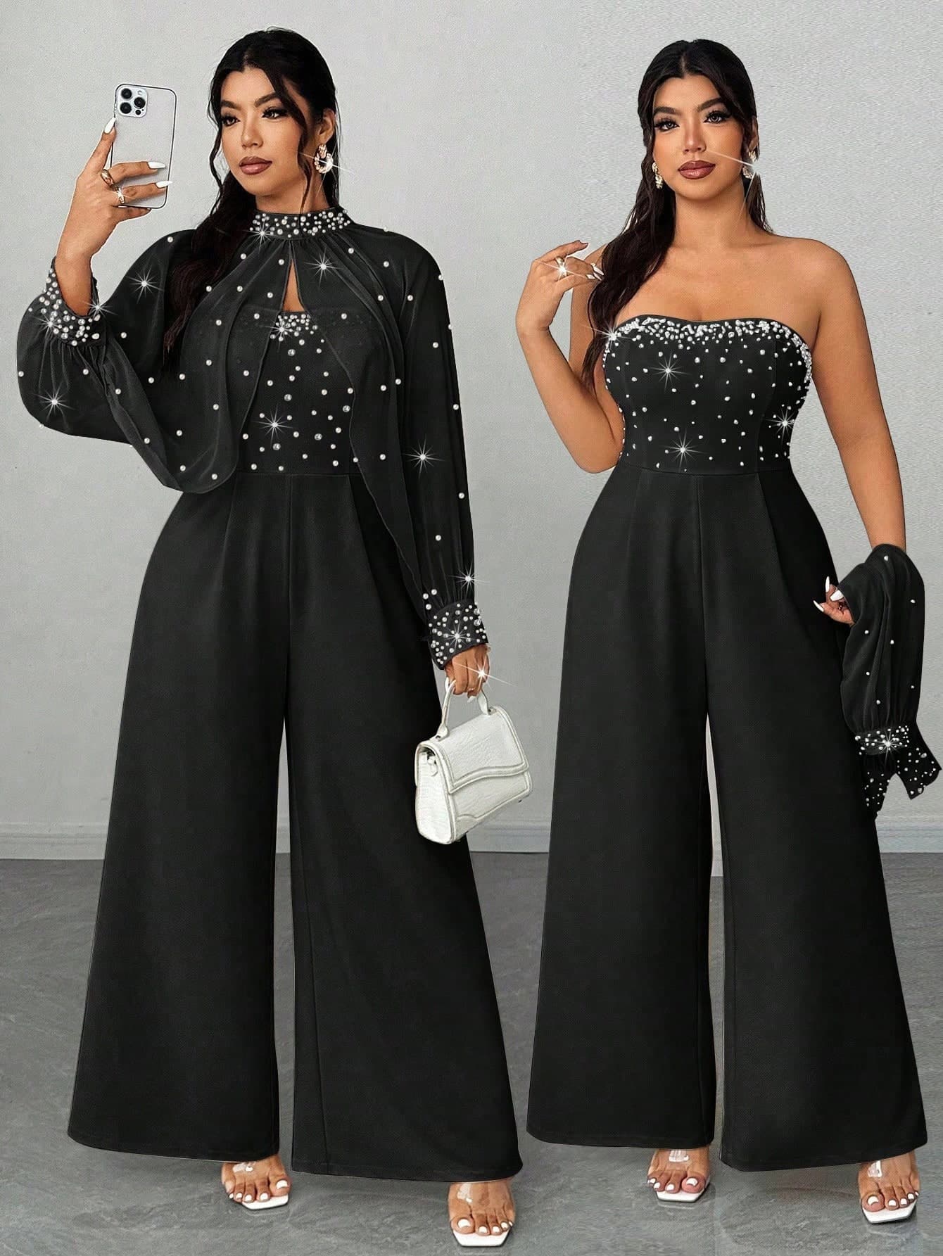 Elenzga Plus Size Women Black Fall Winter Elegant Formal Evening Wedding Chiffon Beaded & Rhinestone Decor StCollar Top Strapless Wide Leg Jumpsuit Set