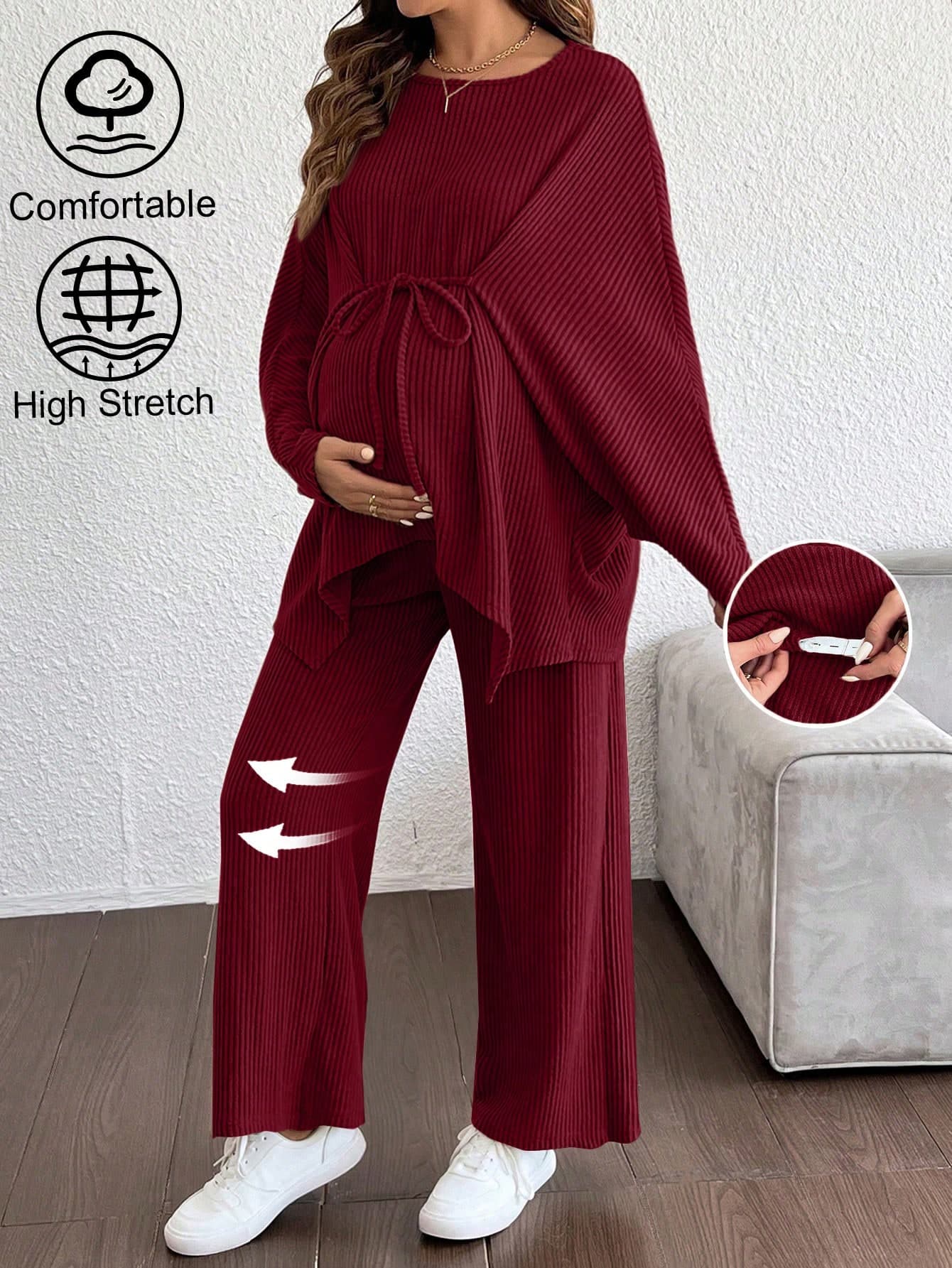 SHEIN 2pcs Maternity Set: Solid Color Batwing Sleeve Round Neck Top With Tie Waist And Adjustable Waist Pants, Casual Fall