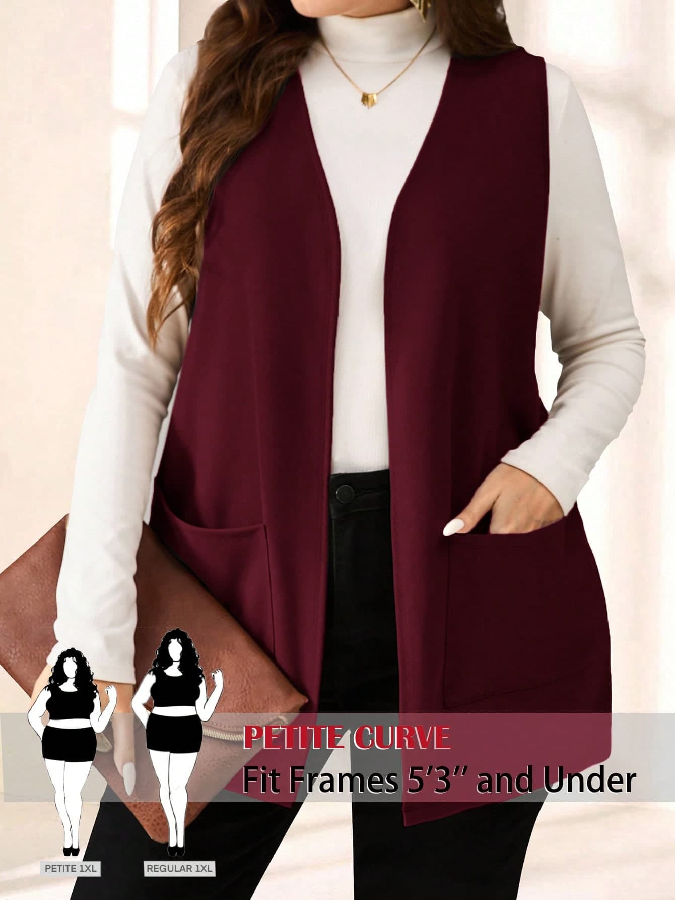 SHEIN PETITE CURVE Plus Size Solid Color Sleeveless Loose Pocket Simple Casual Coat,Spring/Summer,Vacation In Fall/Winter