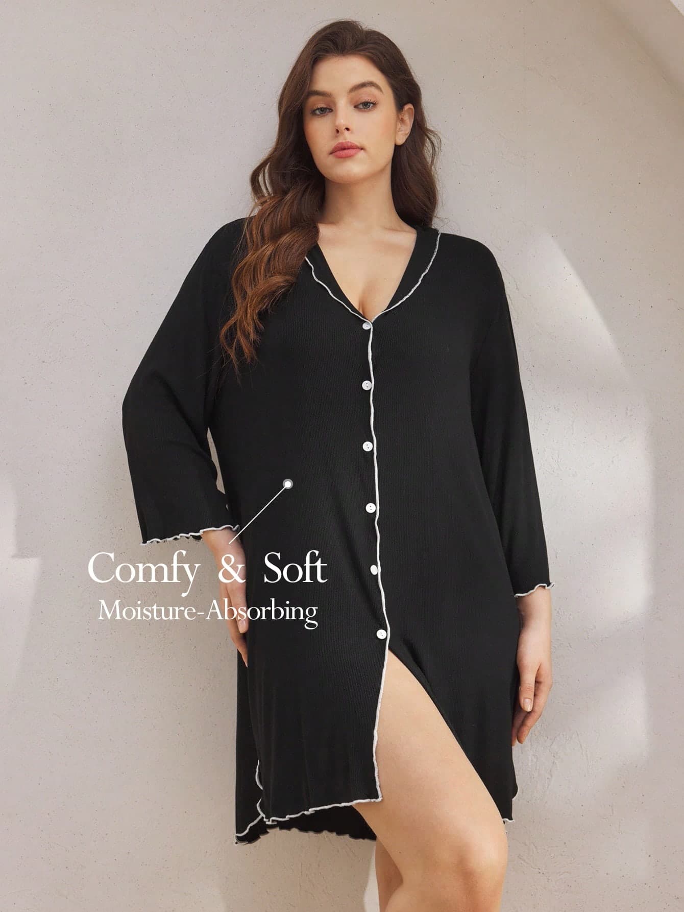 Ocili Plus Size Ribbed Comfortable Ruffle Collar Shell Button Nightgown, Cozy Outfit, Fall & Winter