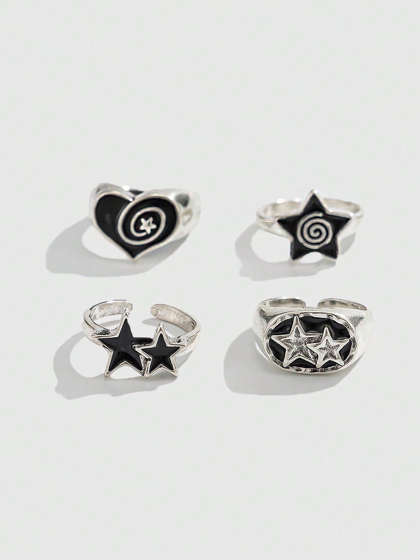 ROMWE Goth 4pcs/Set Punk Style Spiral Star Rings, Adjustable Ring Set For Couples