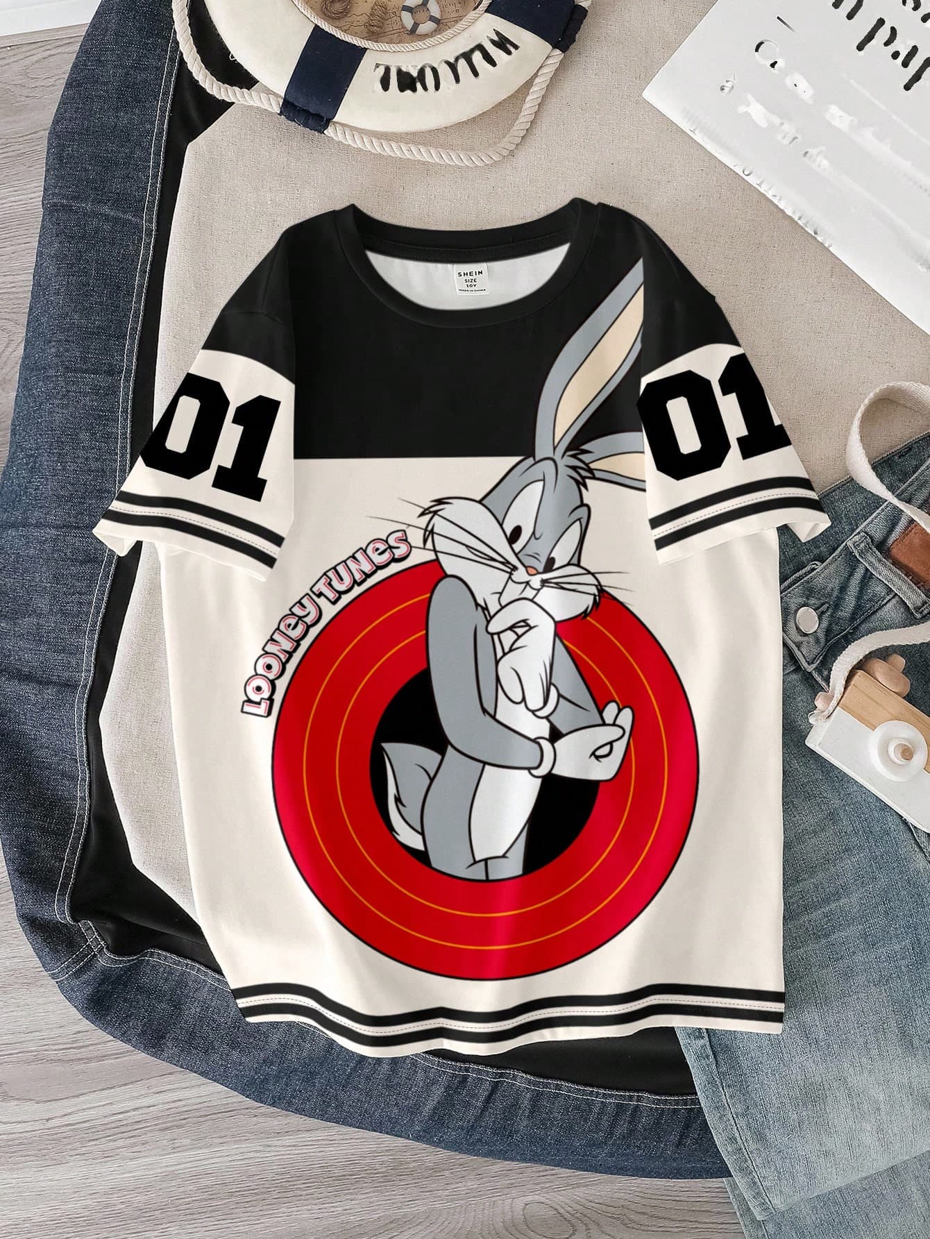 LOONEY TUNES X SHEIN Tween Boy Summer Colorblock Rabbit Print Short Sleeve Tee