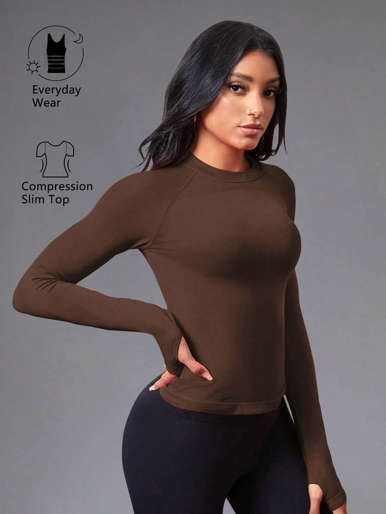 Eassivo Eassivo Solid Color Fitted Long Sleeve Athletic T-Shirt/Seamless/Thumb Hole