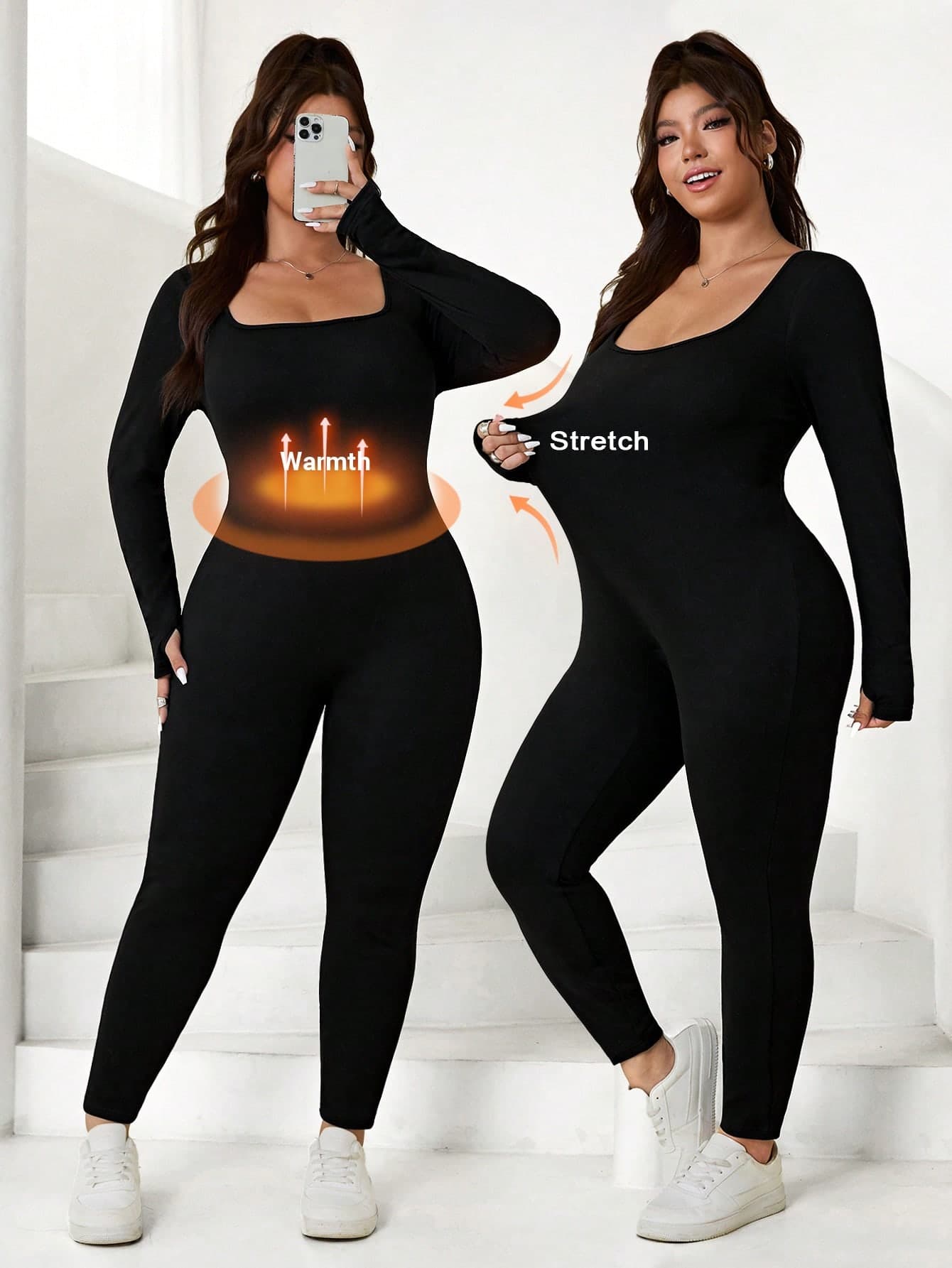 Solflare Plus Size Women's Solid Color Square Neck Long Sleeve Casual Jumpsuit, Autumn/Winter Fall
