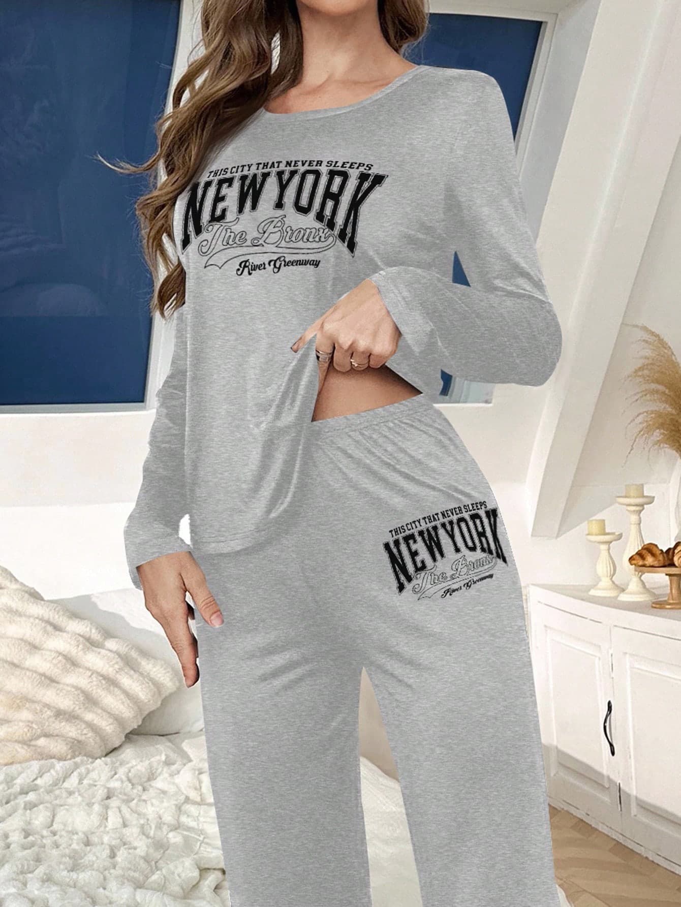 SHEIN Letter Print Minimalist Loose Fit Long Sleeve Top & Pants Women Pajama Set, Fall Winter Clothes
