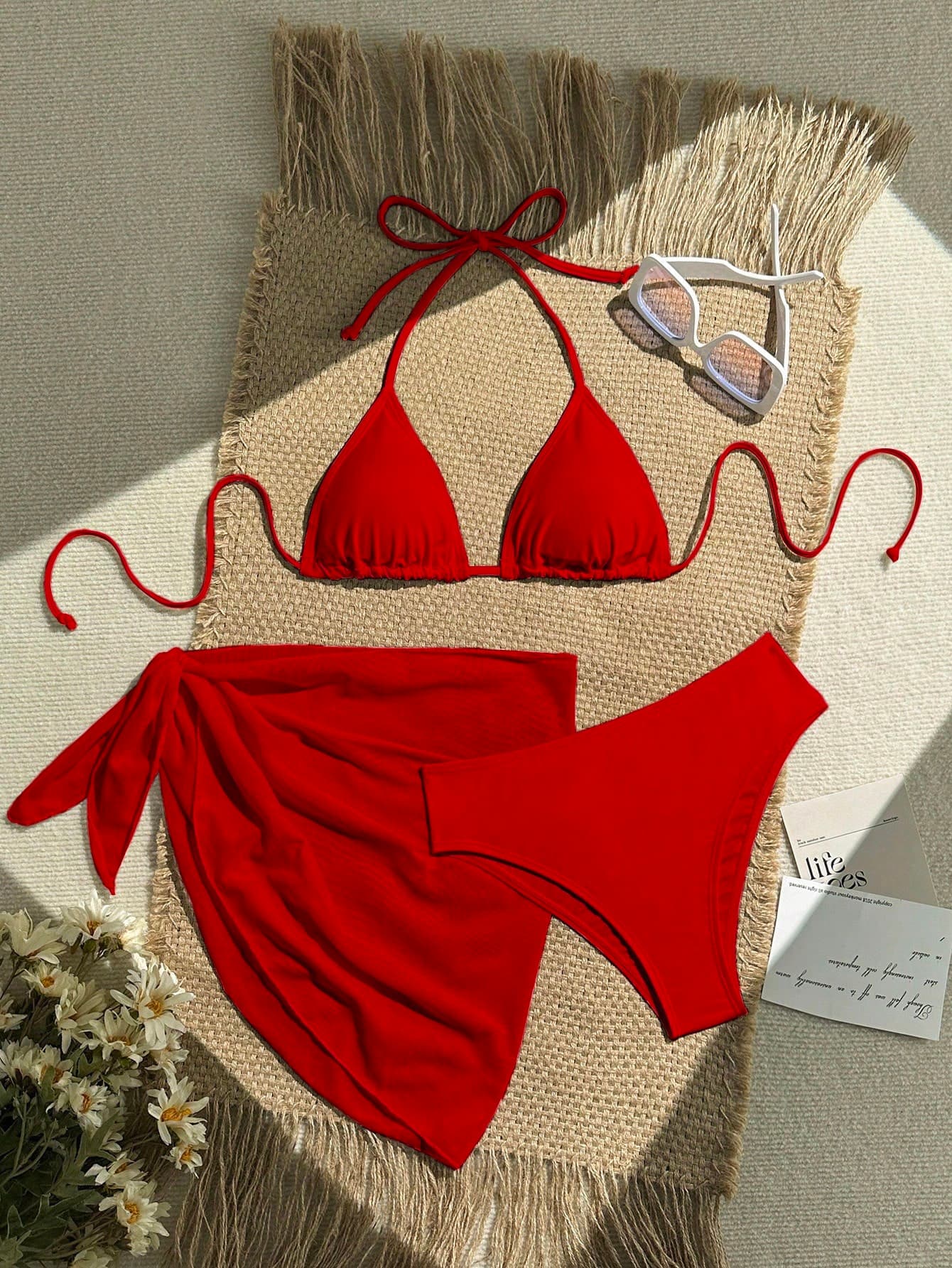 Resyla 3pcs Women Holiday Solid Color Sexy Halter Bikini Swimwear Set, Bathing Suit Set, For Summer Beach Vacation,Summer,Spring,Valentine's Day,Casual,Party,Beach