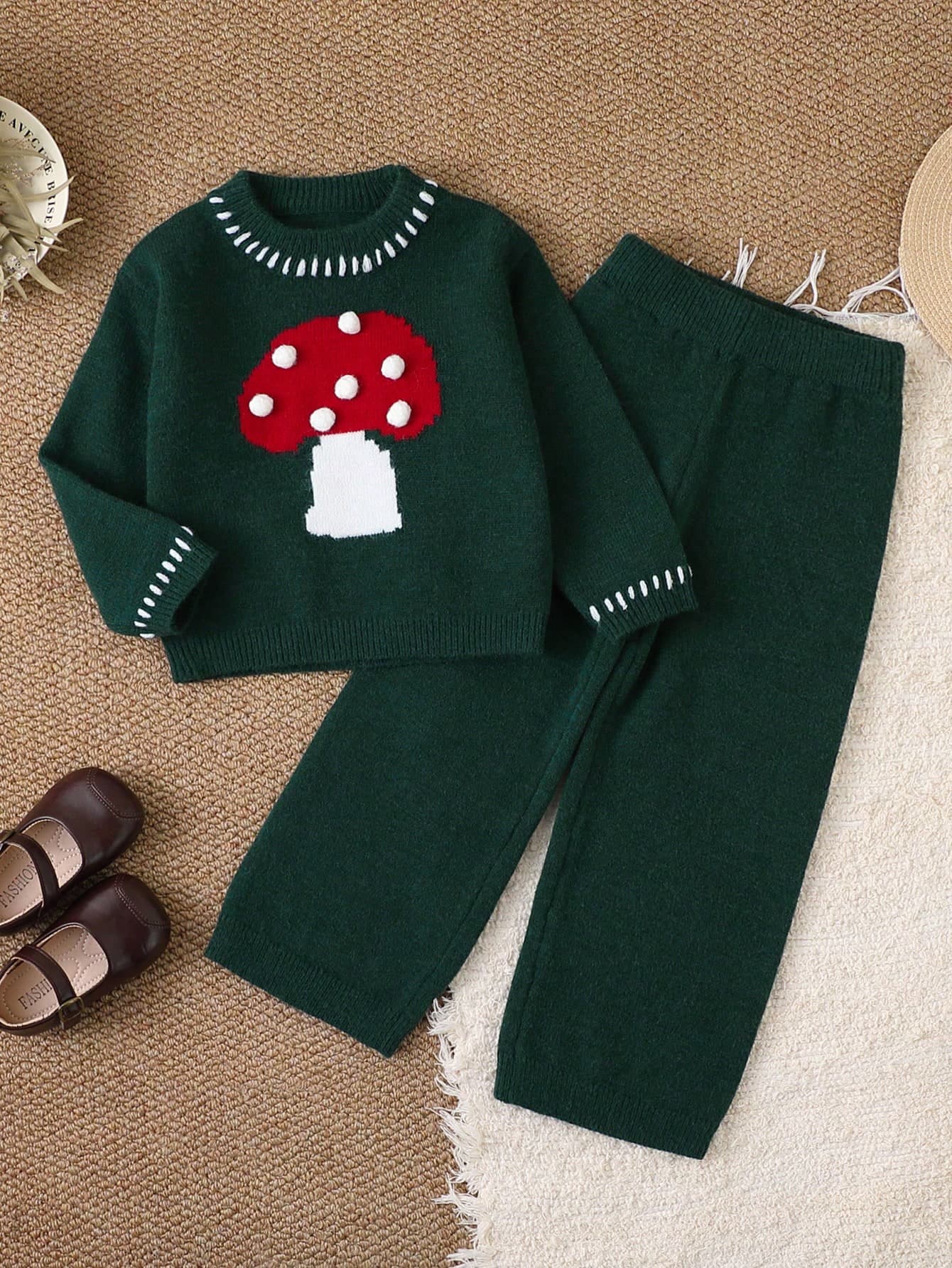 SHEIN Playful Pals Young Girl Sage Green Autumn Elegant Fairy School Vintage Mushroom Jacquard Knit Sweater & Loose Straight Pants 2pcs Set,Korean Style Ribbed Outfit