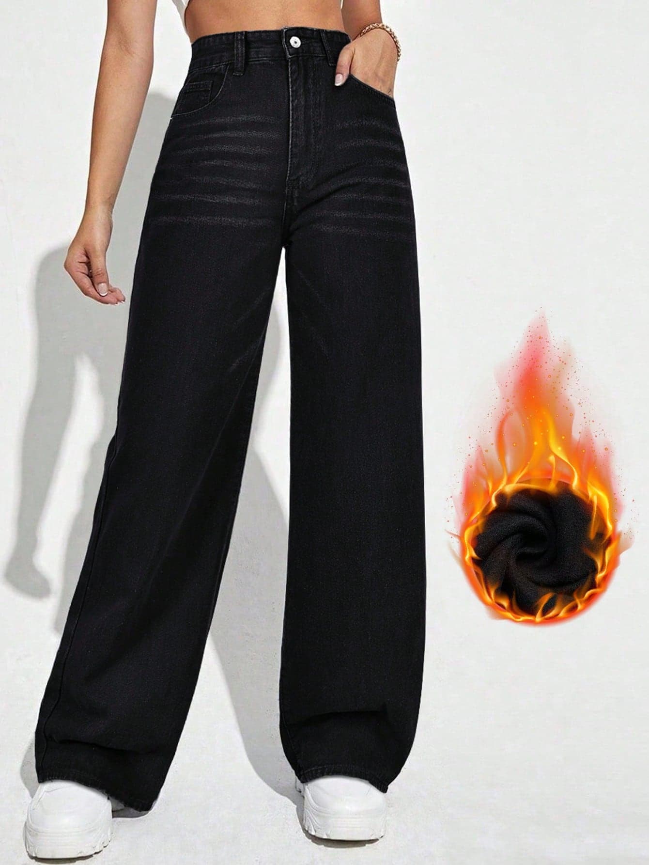 Button Front Pocket Simplistic Denim Jeans, Casual Everyday Wear Thickened Denim Warm Denim