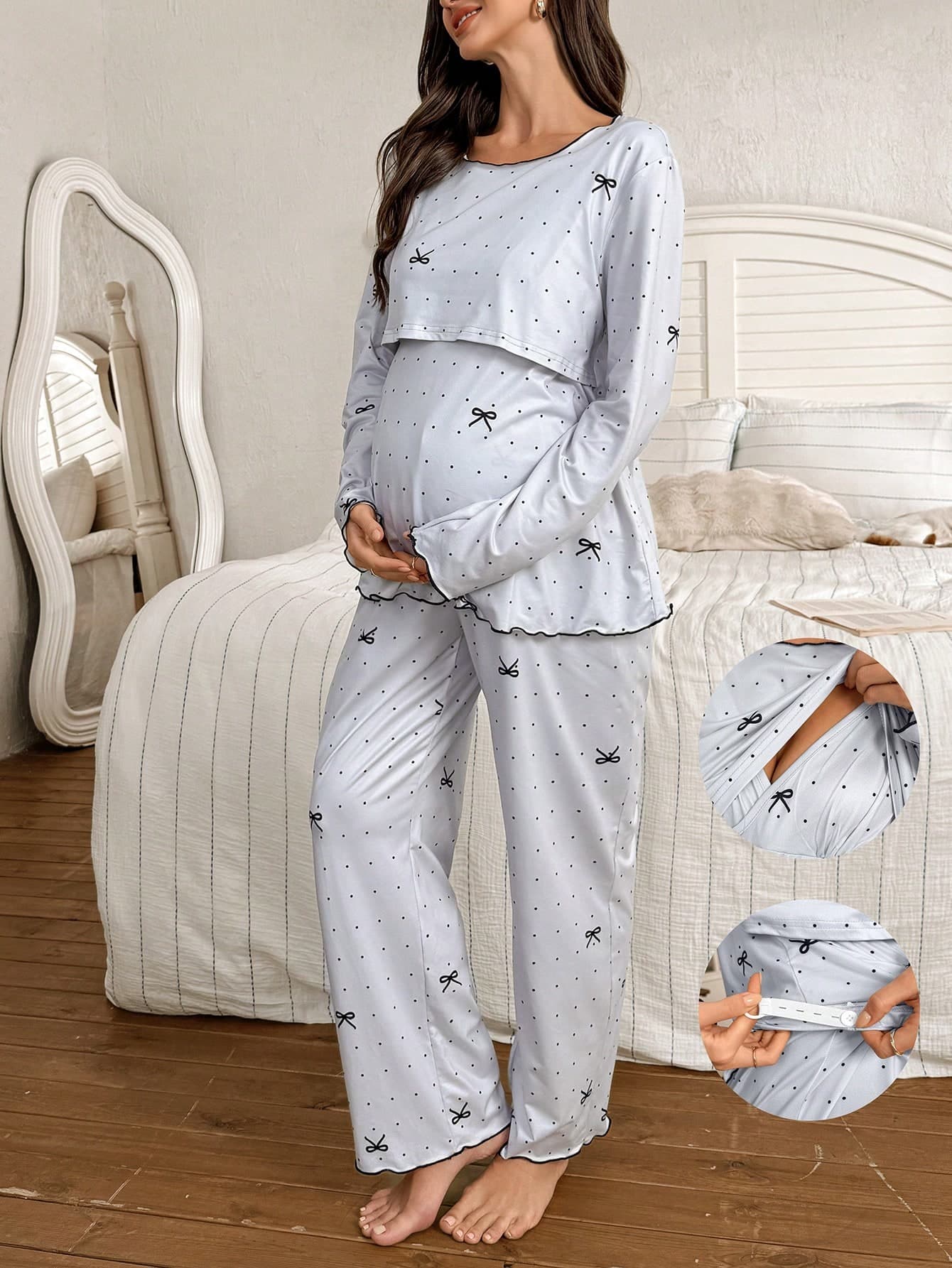 Moonlight&Mama 2pcs Polka Dot Bow Print Nursing Friendly Crew Neck Long Sleeve Top And Pants Maternity Pajama Set, Fall & Winter