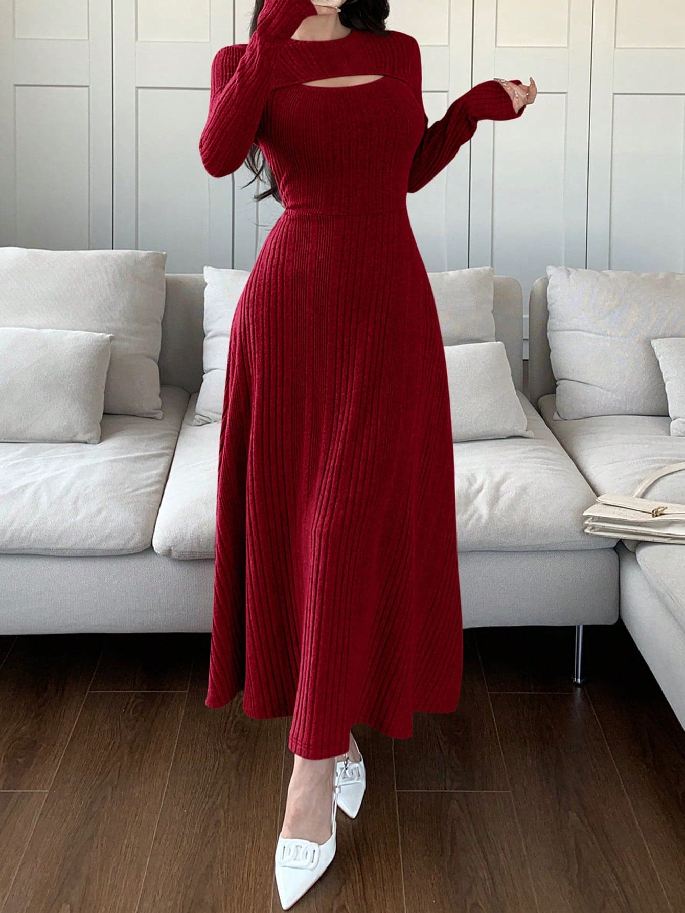 Feyla Women Solid Color Round Neck Long Sleeve Casual Mid-Length Dress Long Evening Dresses,Dresses For Women Elegant