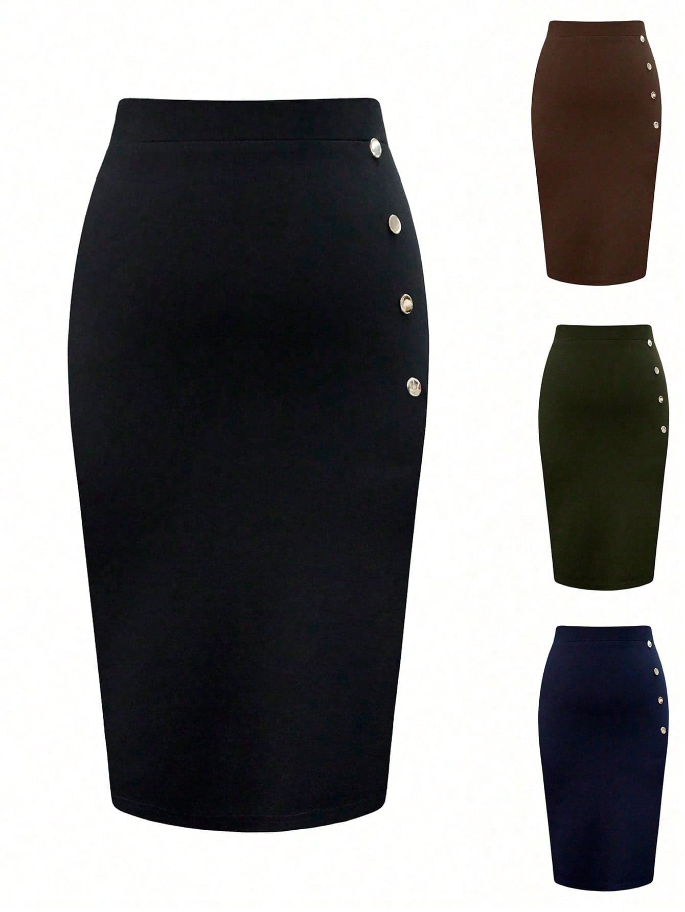SHEIN Unity Plus Size Women Solid Color Button Design Elegant Pencil Skirt Fall