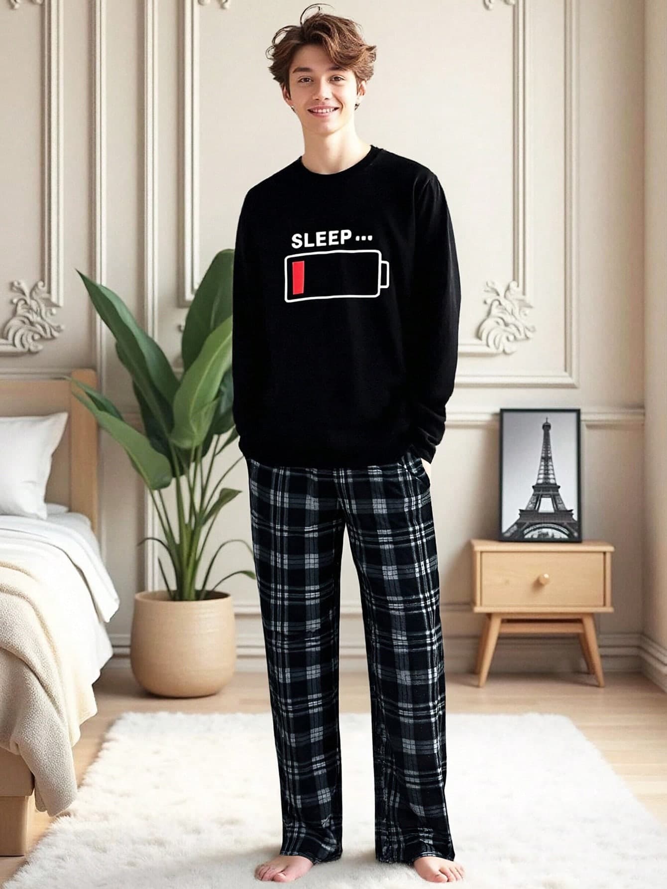 SHEIN Teen Boys Cartoon Print Black Long Sleeve Crew Neck Plaid Pants Pajama Set,Cotton Soft Winter Holiday Sleep Wear,Casual Comfortable Fall Nightwear
